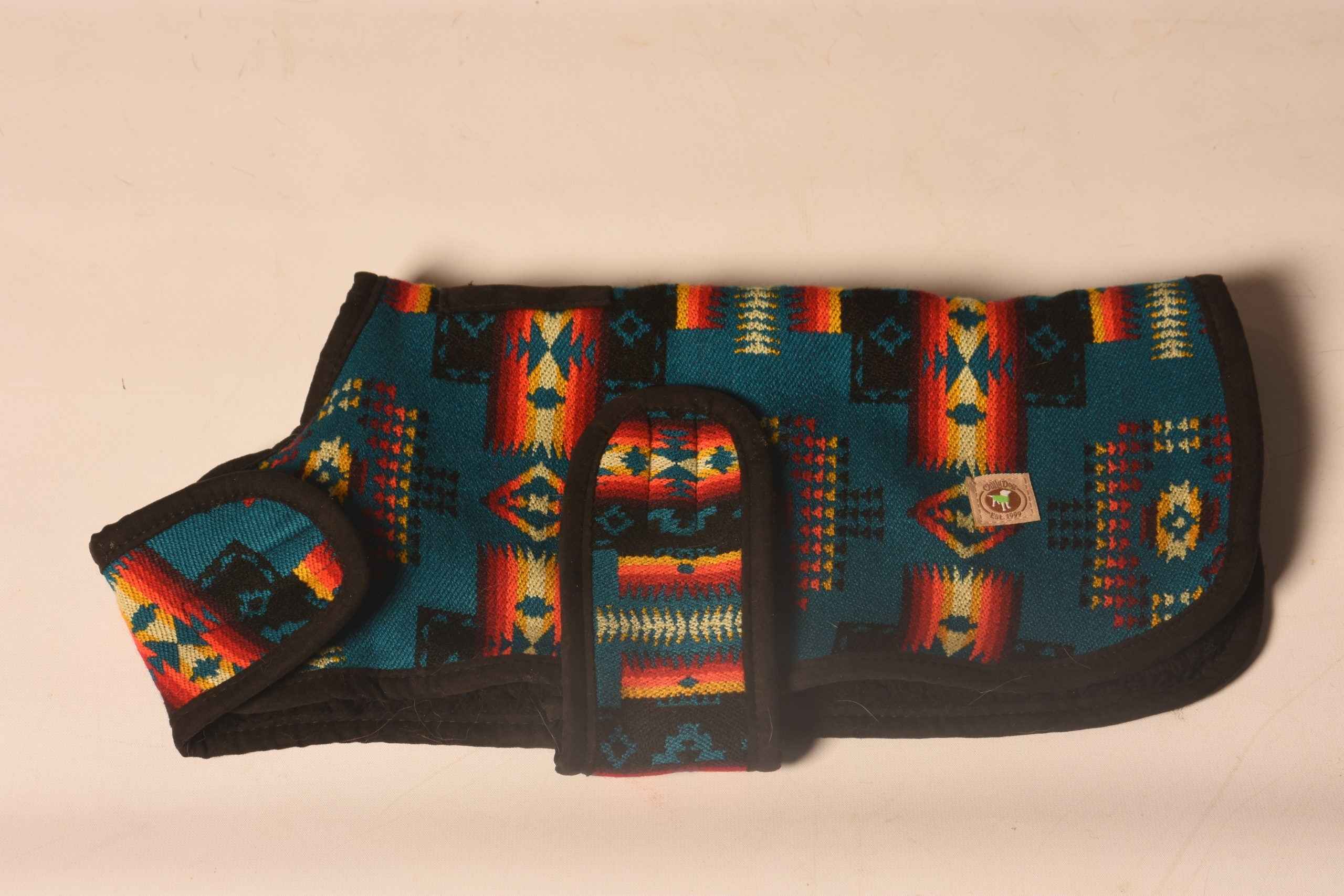 Chilly Dog Turquoise Southwest Fleece-Lined Dog Blanket Coat