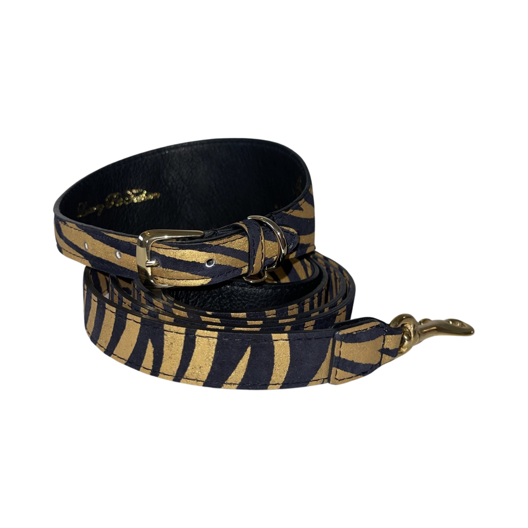 Allysa Payne Black & Gold Zebra Print Italian Leather Dog Collar & Leash Set