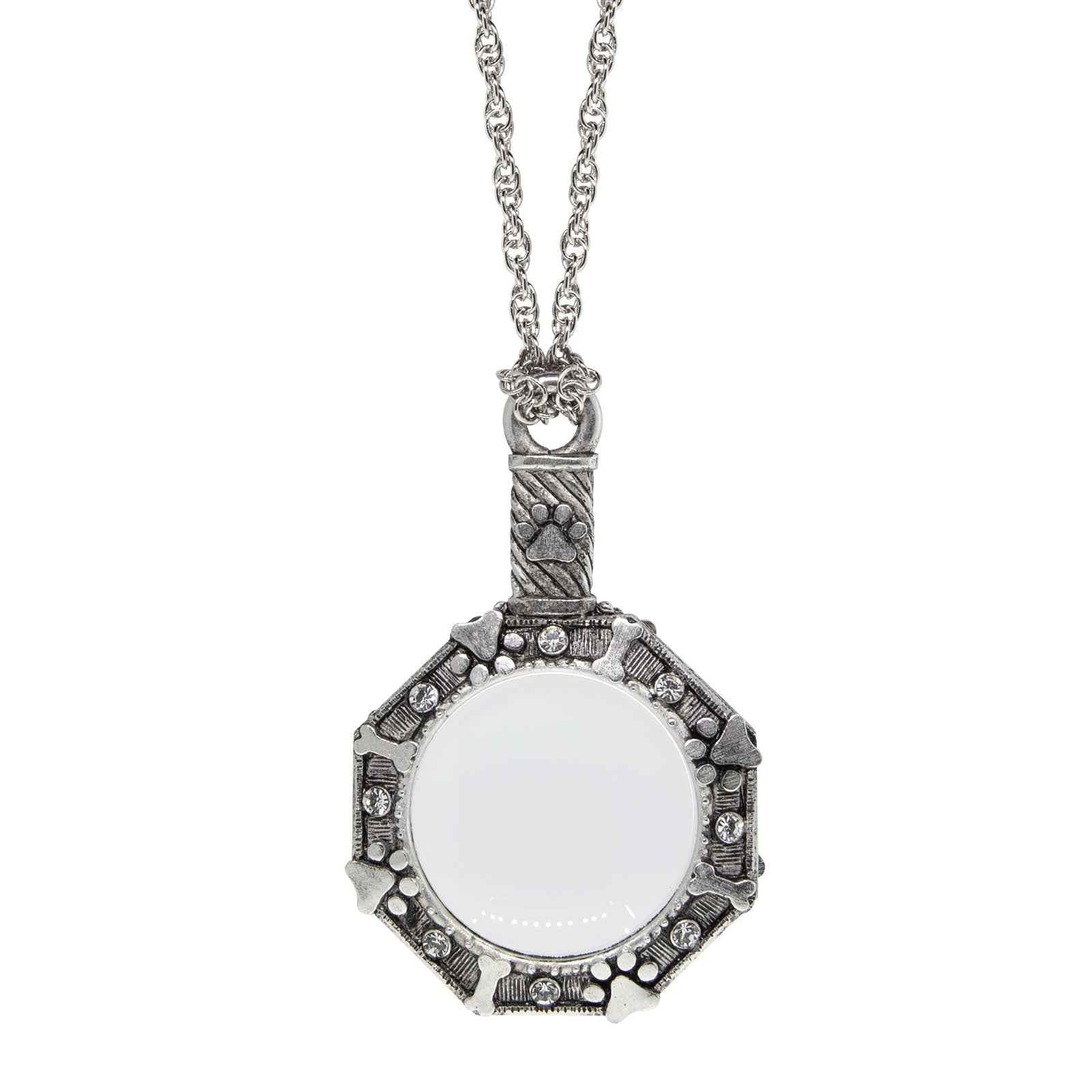 1928 Jewelry Antiqued Pewter Octagon Dog Paw Bone And Heart Magnifying Glass Pendant Necklace 30"