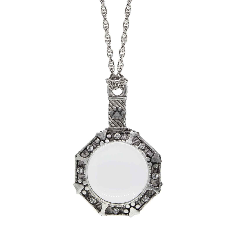 1928 Jewelry Antiqued Pewter Octagon Dog Paw Bone And Heart Magnifying Glass Pendant Necklace 30"