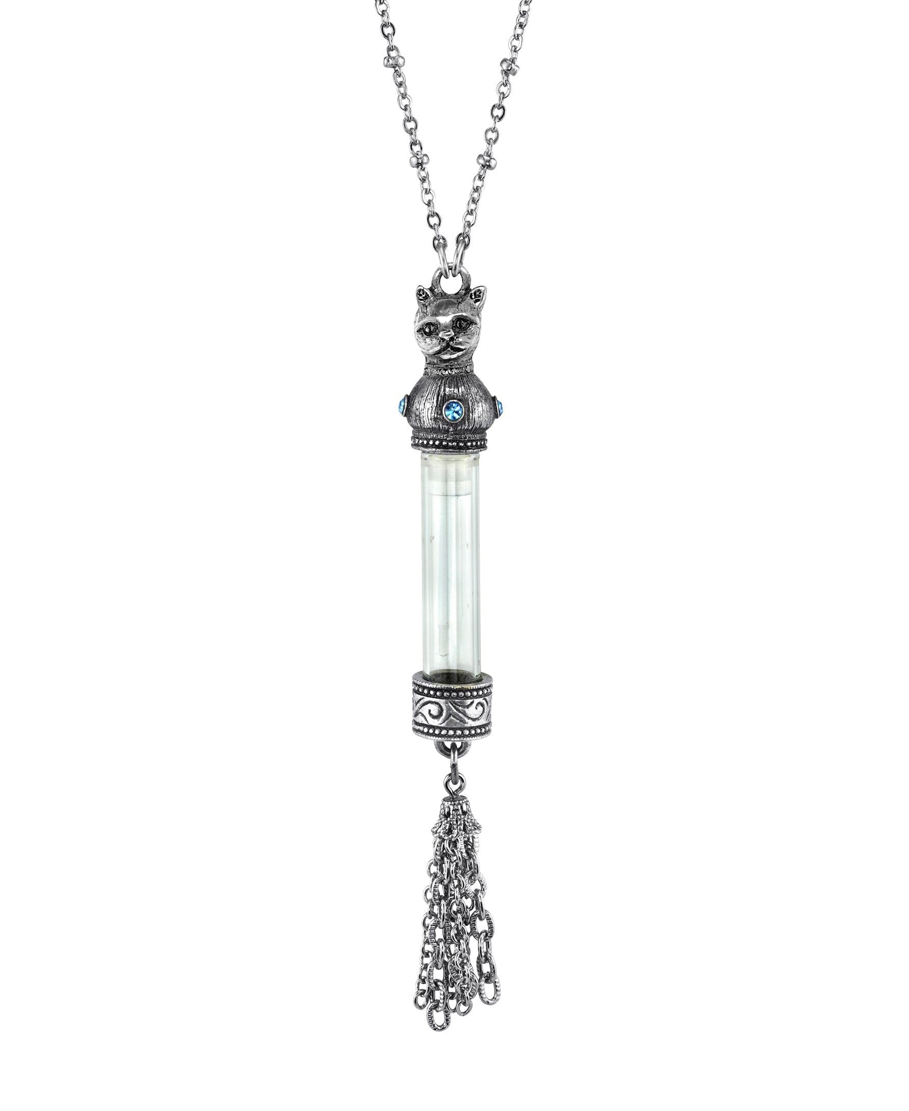 1928 Jewelry Cat Glass Vial Light Blue Crystal Tassel Necklace 30"