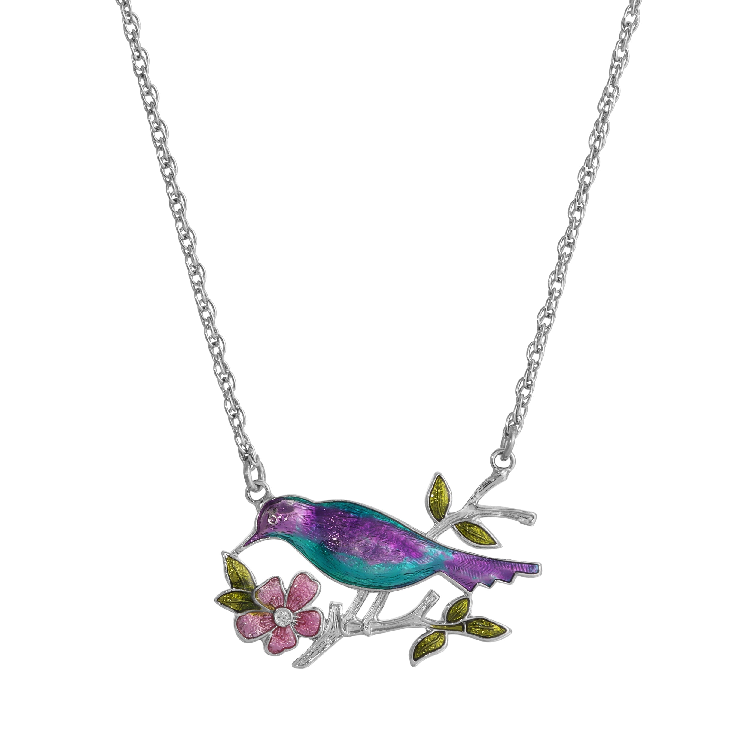1928 Jewelry Enameled Perched Bird Pendant Necklace 18"