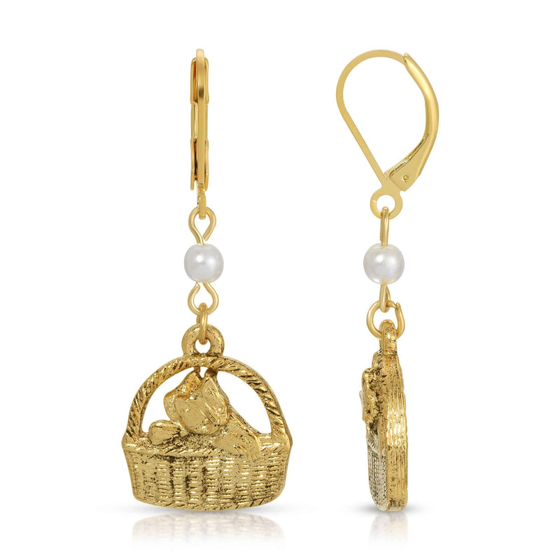 1928 Jewelry Faux Pearl Pearl Cat In Handbasket Dangling Earrings