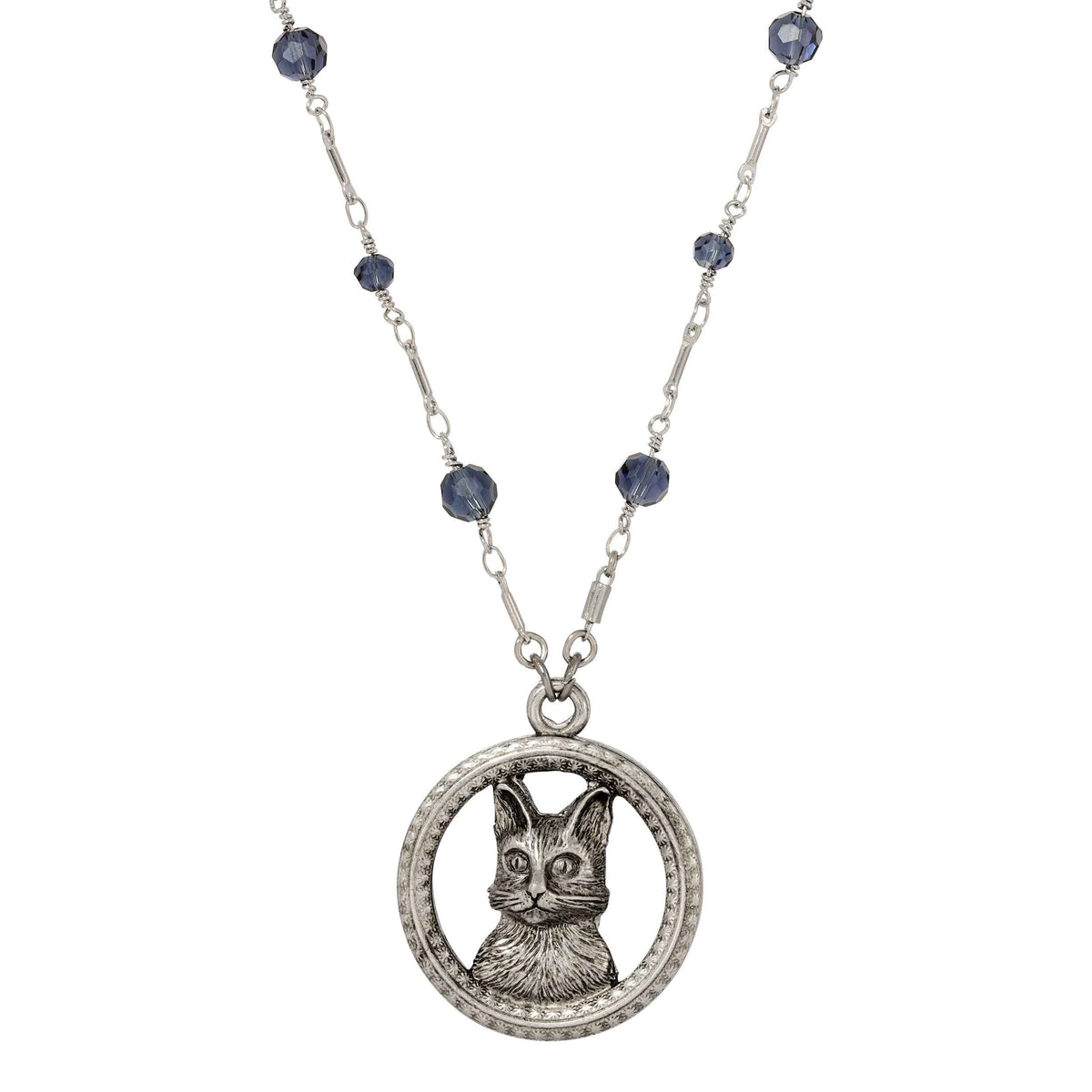 1928 Jewelry Montana Blue Crystal Floral Adorned Cat Pendant Necklace