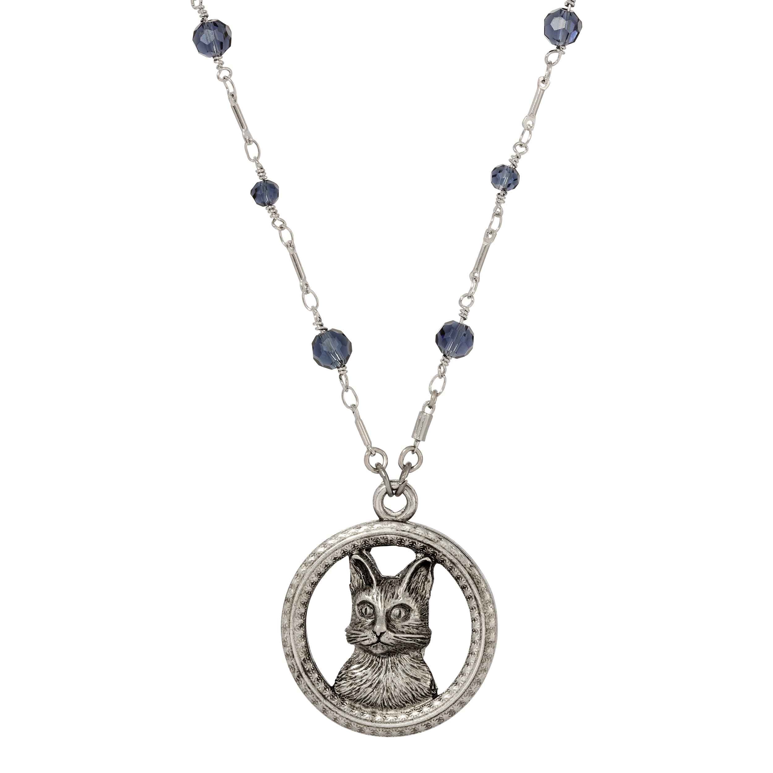 1928 Jewelry Montana Blue Crystal Floral Adorned Cat Pendant Necklace