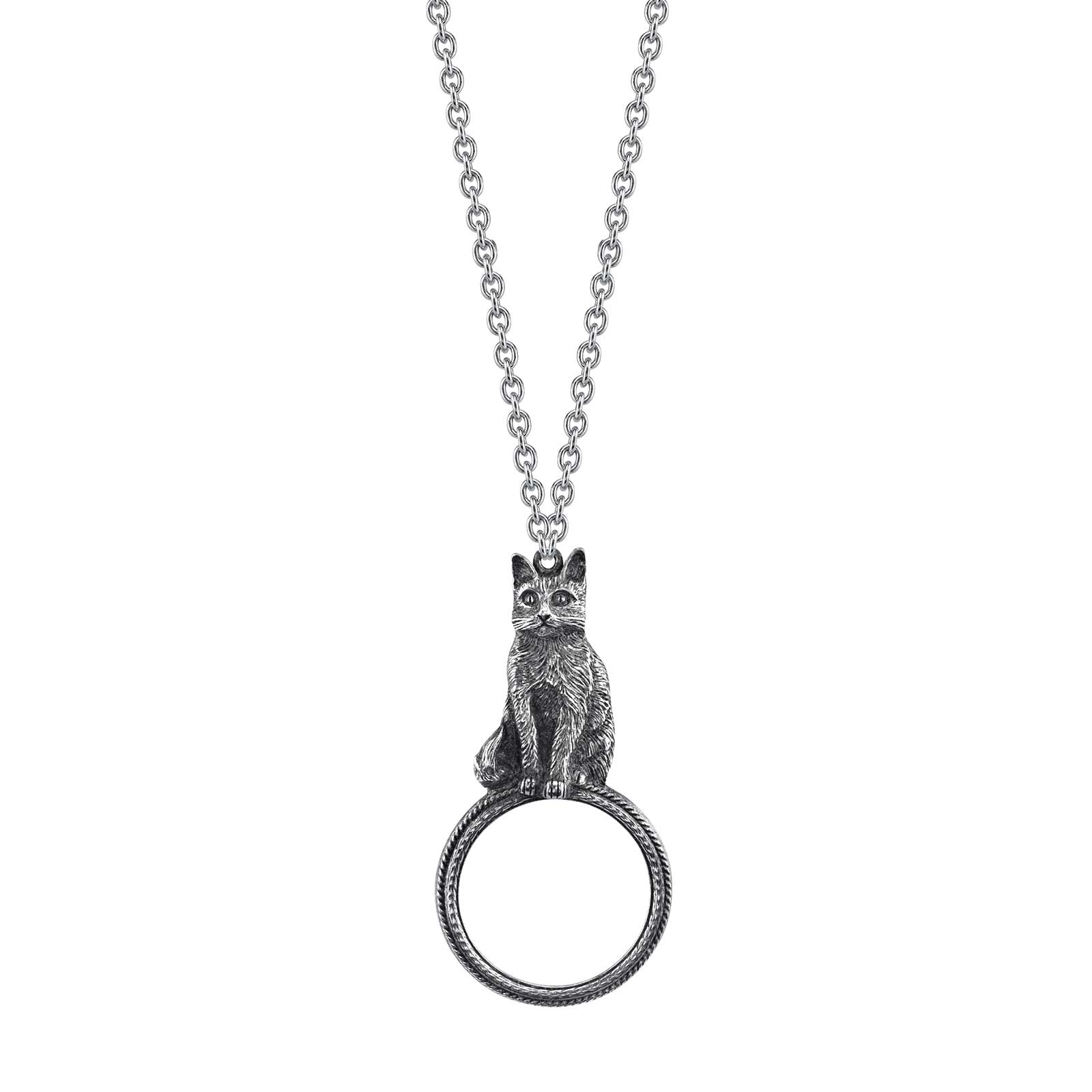 1928 Jewelry Pewter Cat Magnifying Glass Pendant Necklace 30"