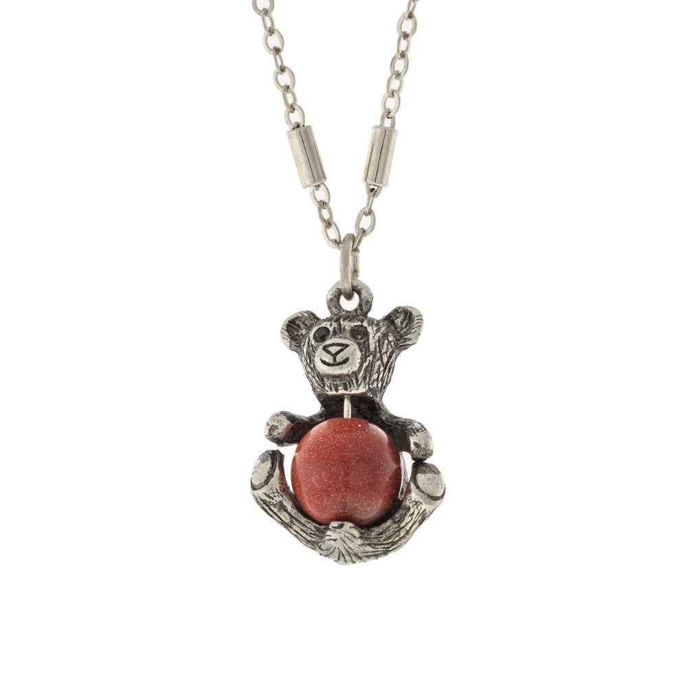 1928 Jewelry Pewter Round Gemstone Teddy Bear Necklace 16" + 3" Extender