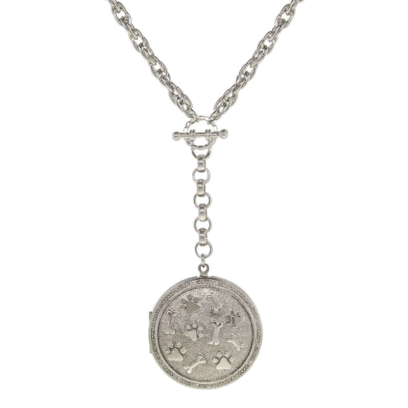 1928 Jewelry Pewter Round Heart Paws And Bones Drop Locket Necklace 28"