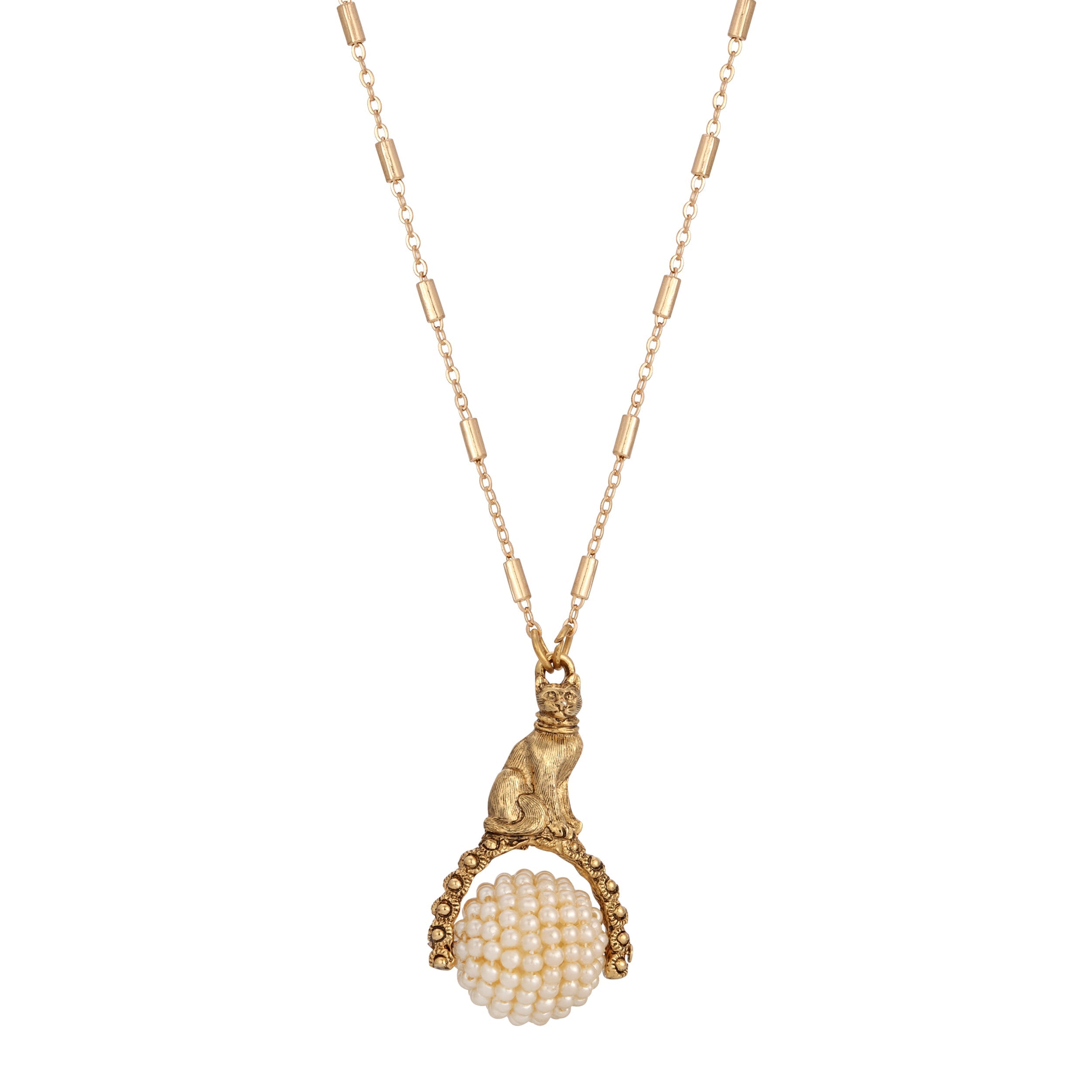 1928 Jewelry Rotating Seeded Faux Pearl Cat Pendant Necklace 28