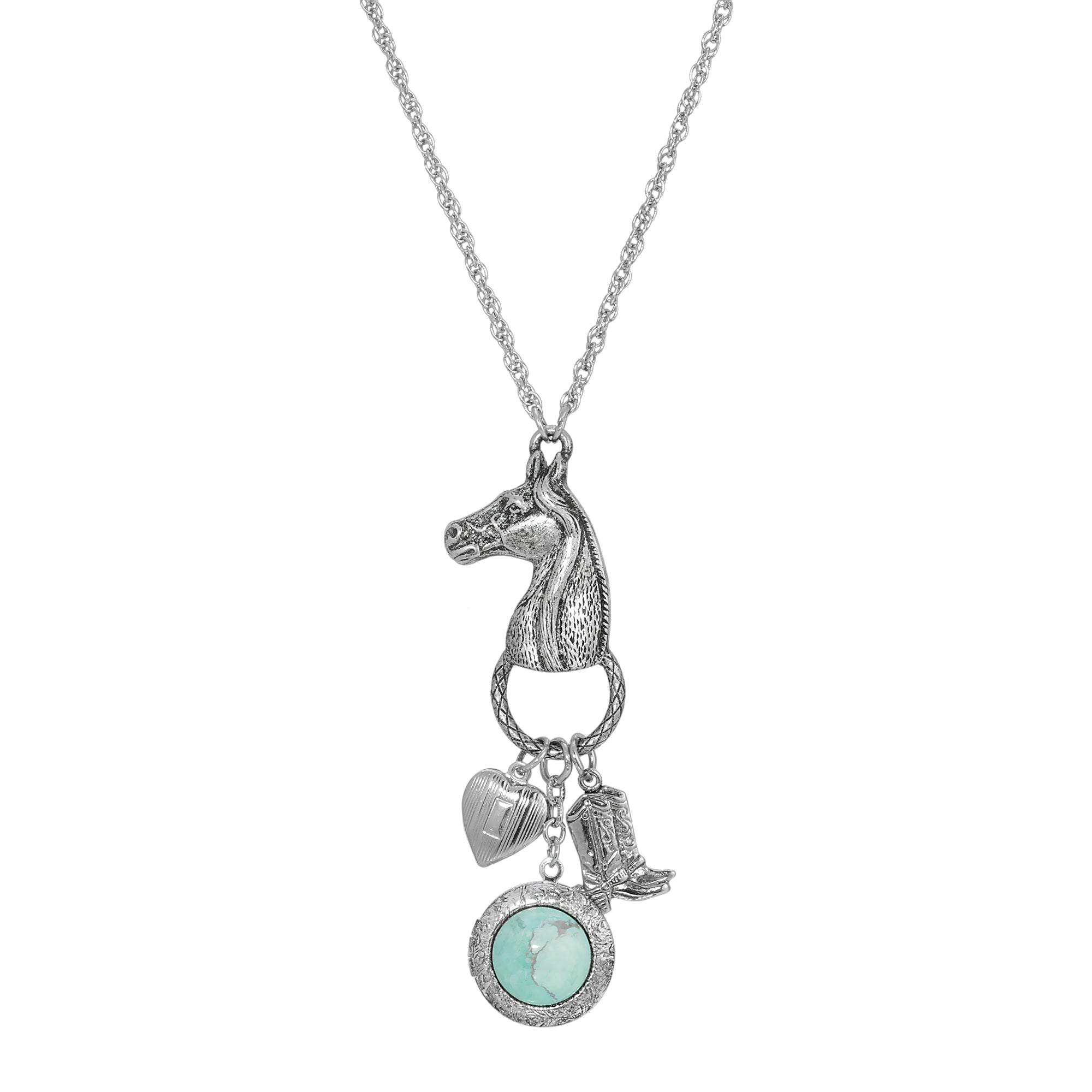 1928 Jewelry Southwest Horse Head Turquoise Locket & Charms Necklace 28"