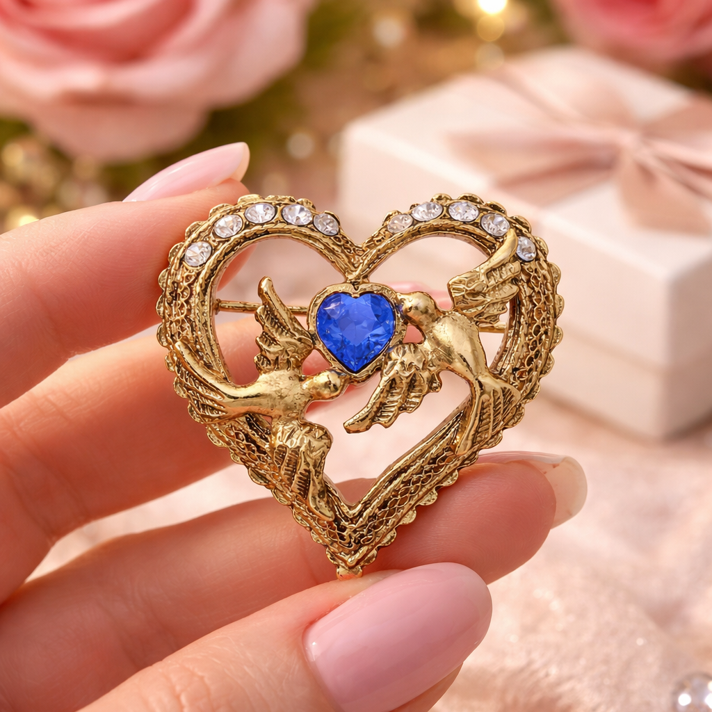 1928 Jewelry Crystal Heart Love Birds Pin