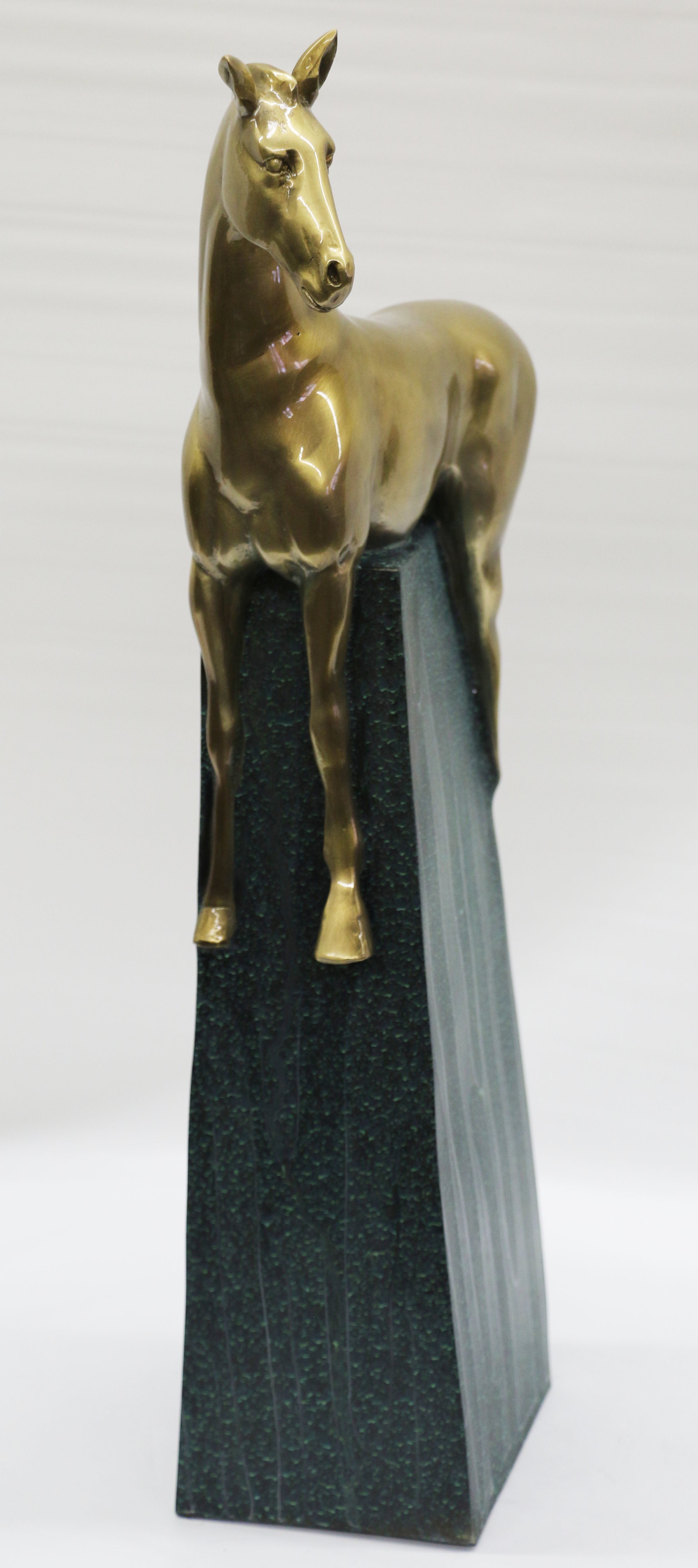 Large Extra Large Green and Gold Patina Stallion Horse Bronze Sculpture Figurine