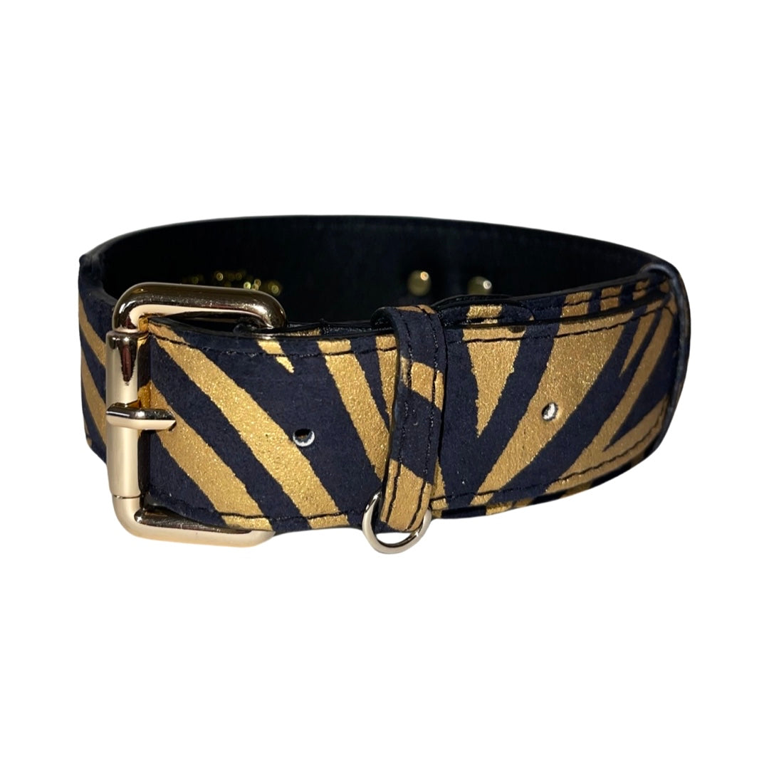 Allysa Payne Black & Gold Zebra Print Italian Leather Classic Dog Collar