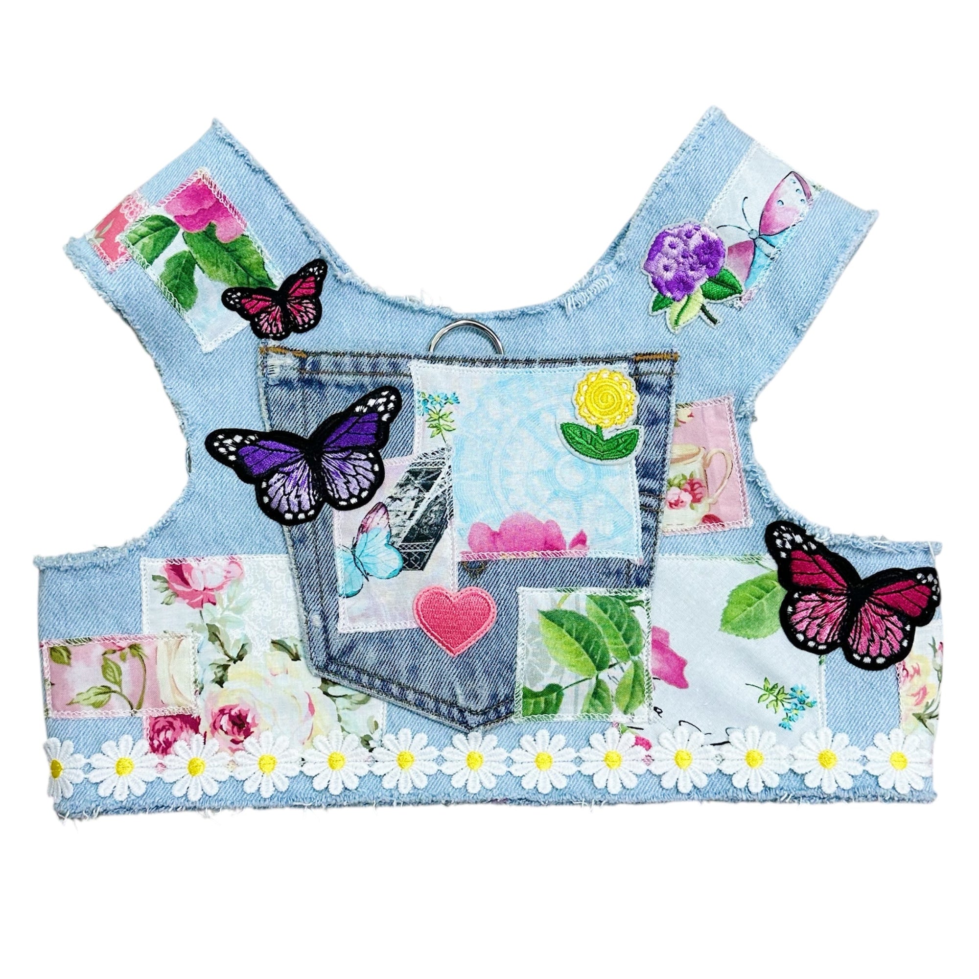 Heads or Tails Pup Floral Patchwork Denim Dog Harness