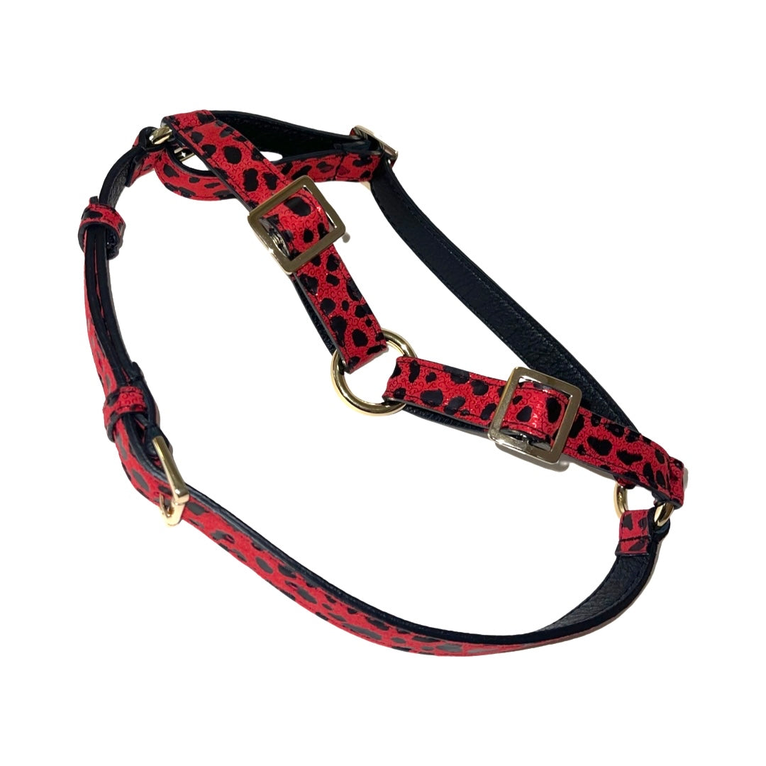 Allysa Payne Red & Black Leopard Print Italian Leather Dog Harness