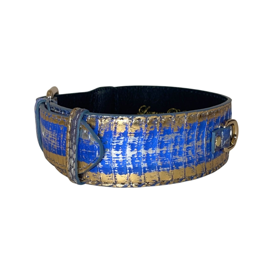 Allysa Payne Multi-Color Blue/Silver/Gold Snake, Classic Dog Collar With Gold Hardware