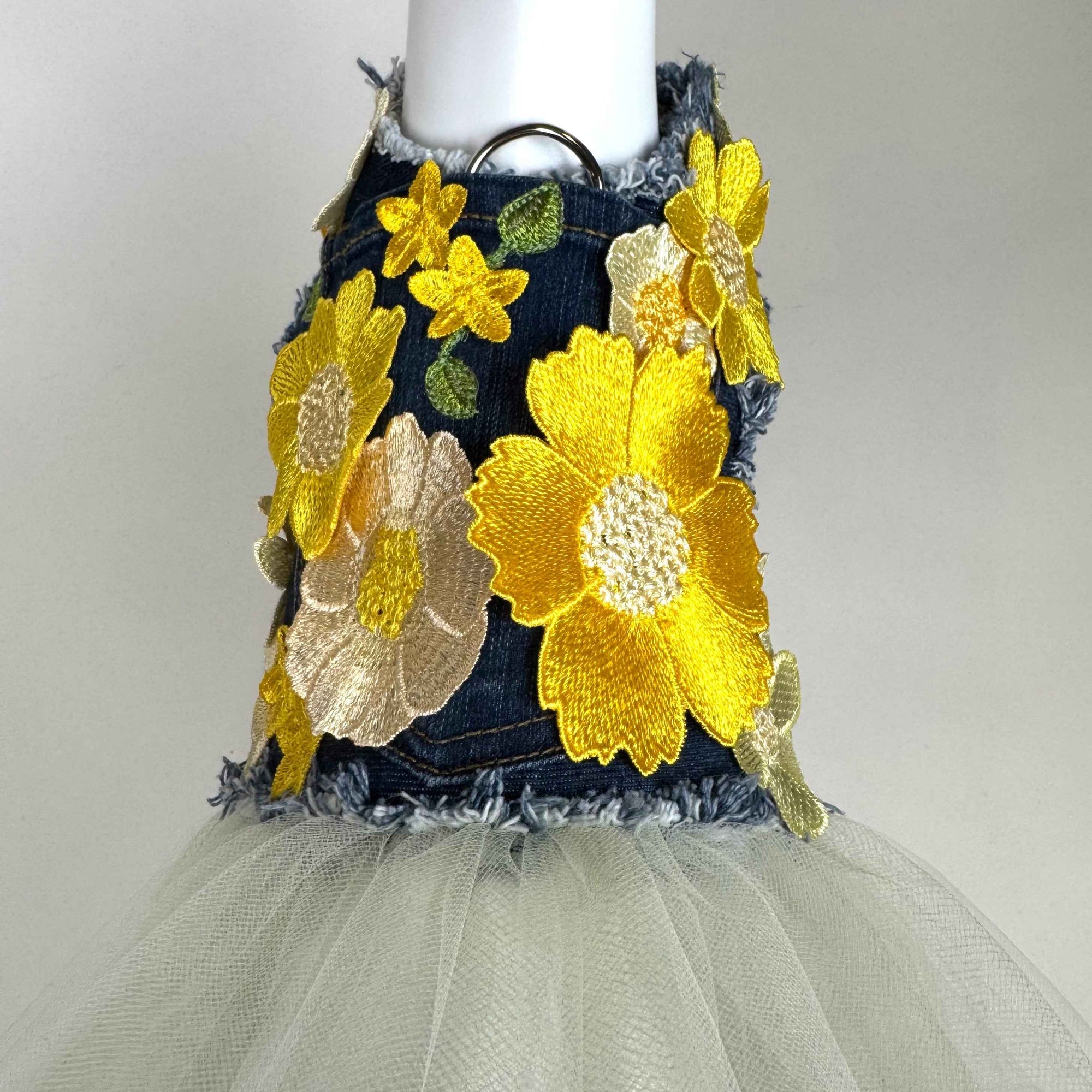 Heads or Tails Pup Lemon Chiffon Bouquet Denim Dog Dress