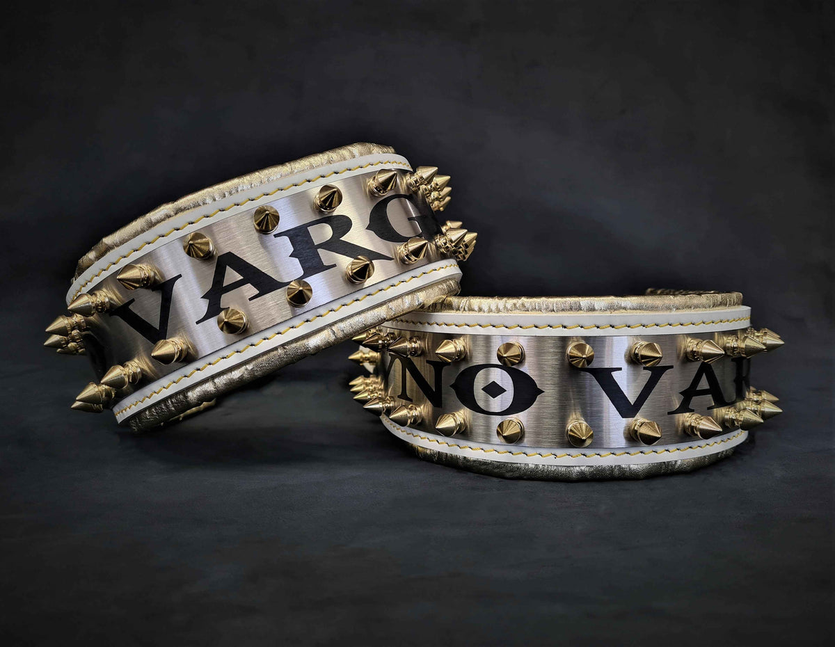 Bestia Metal White & Gold Personalized Leather Dog Collar