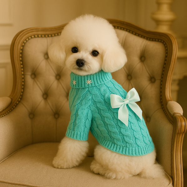 Pearl Bow Cable Knit Dog Sweater  Luxe Winter Petwear