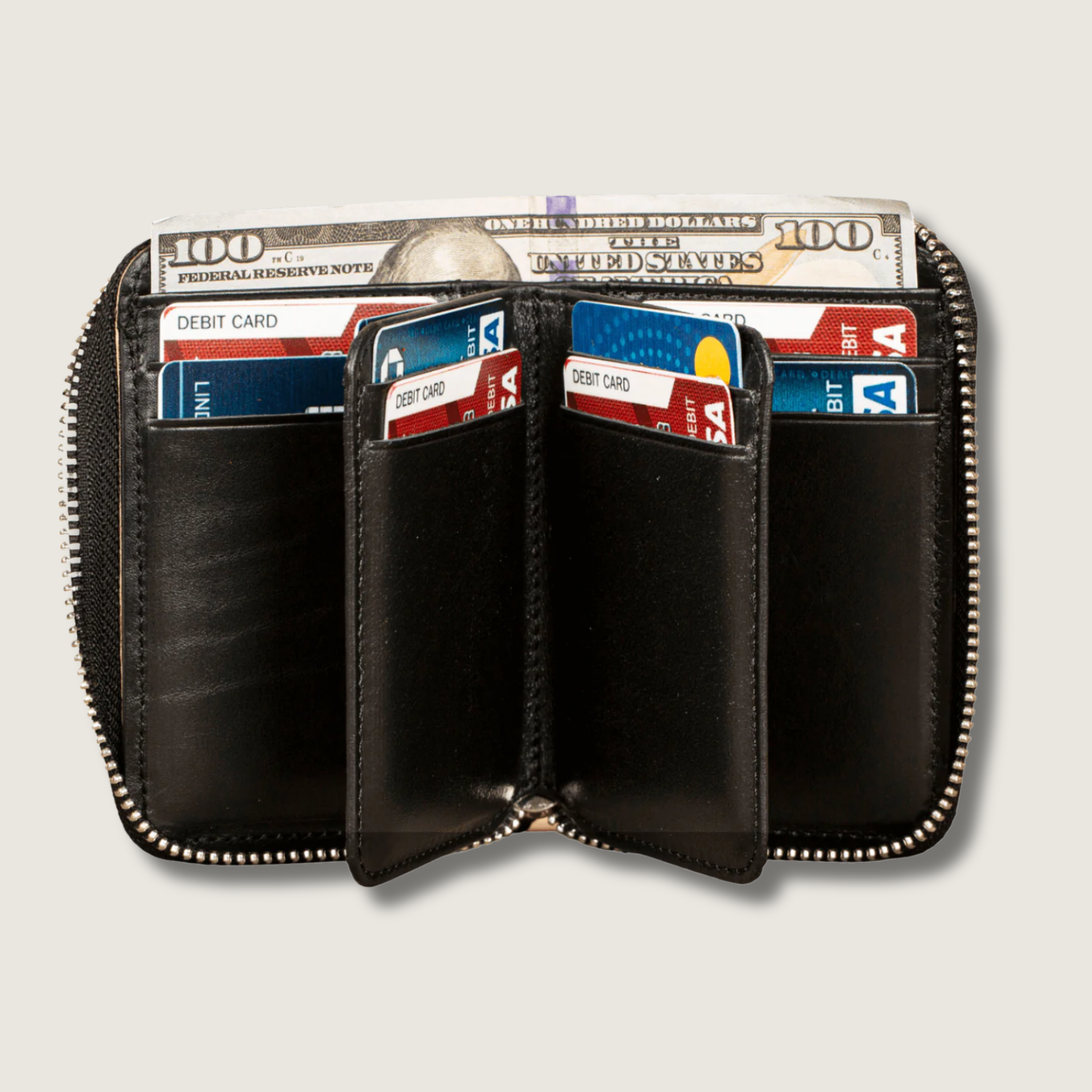 Premium Leather Zipper Wallet Black Anniston