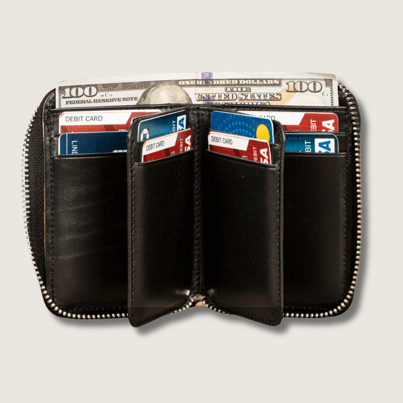 Premium Leather Zipper Wallet Black Anniston