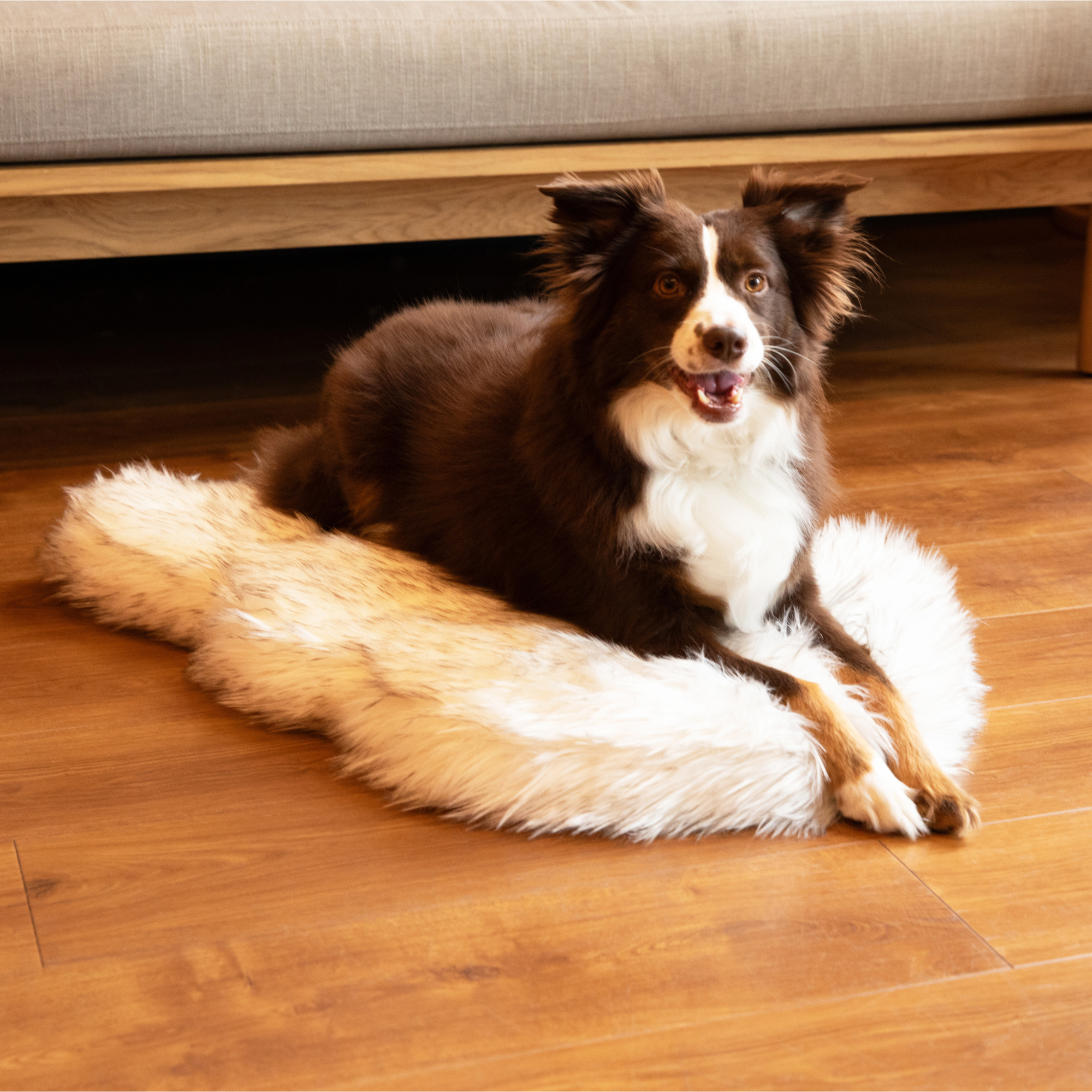 Puprug Faux Fur Orthopedic Dog Bed Curve White with Brown Accents