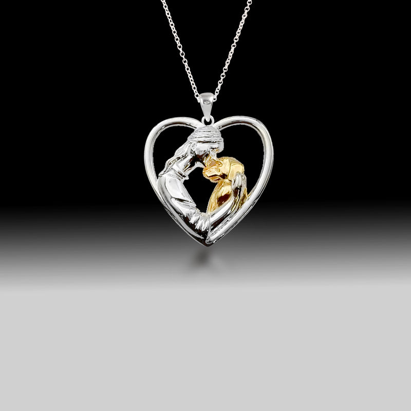 Girl Hugging Dog Heart Shaped Pendant- 925 Sterling Silver Two Toned Piece