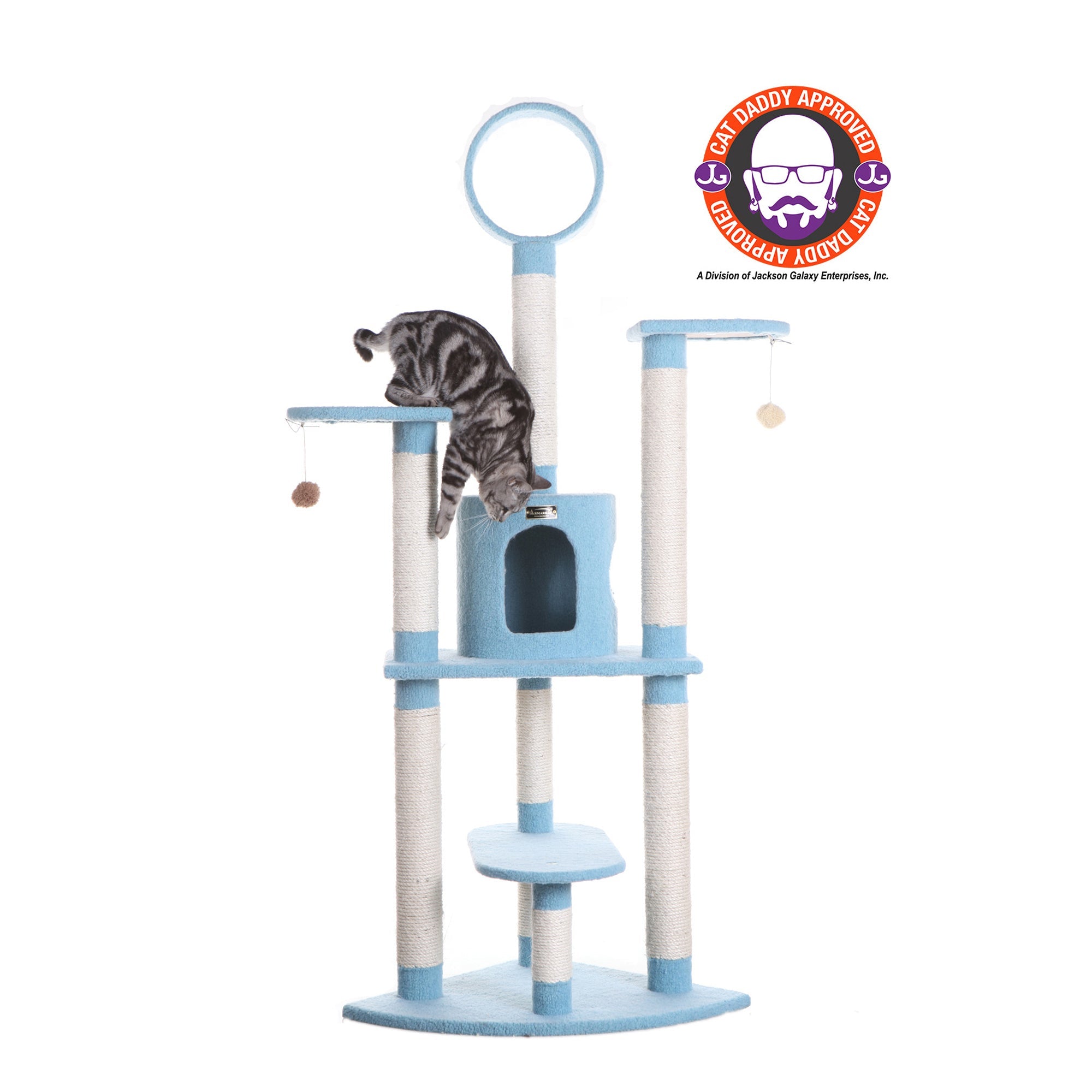Armarkat B6605 65-Inch Classic Cat Tree In Sky Blue Jackson Galaxy Approved Five Levels With Perch Condo Hanging Tunnel