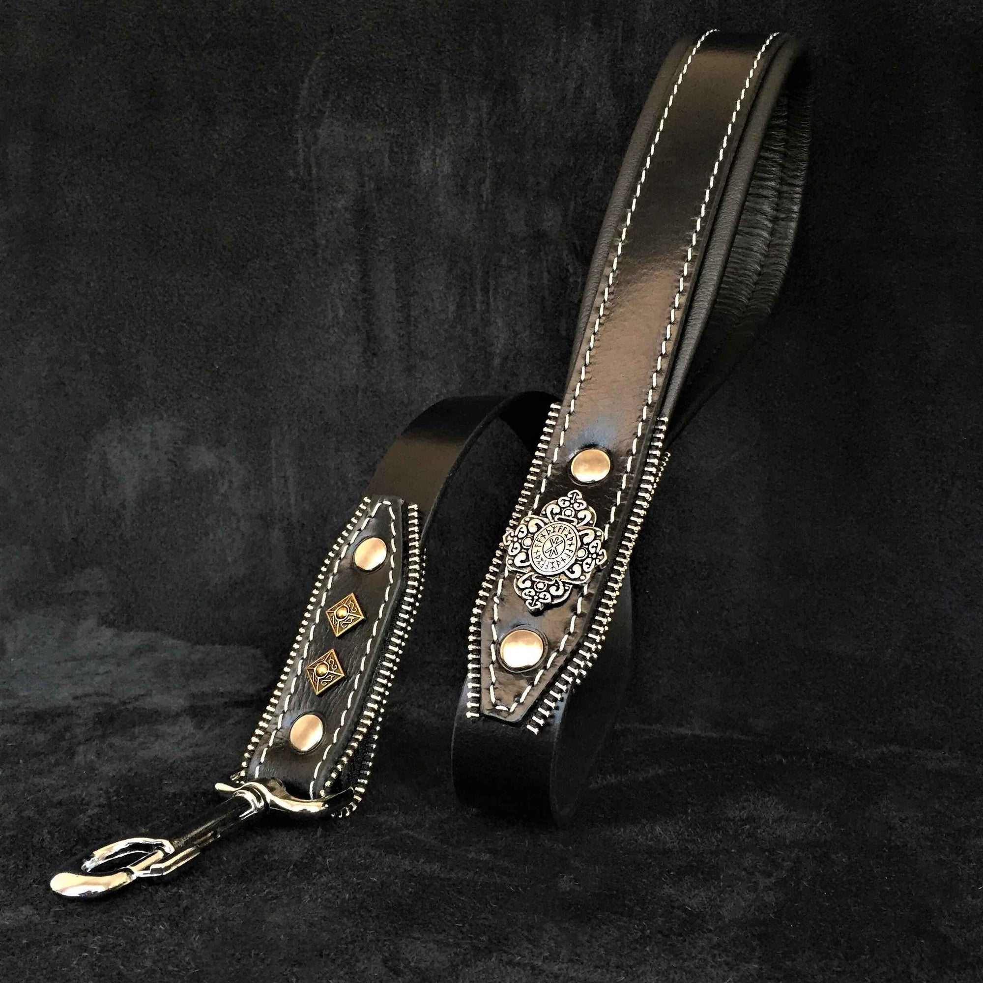 Bestia Aztec Black Leather Dog Leash