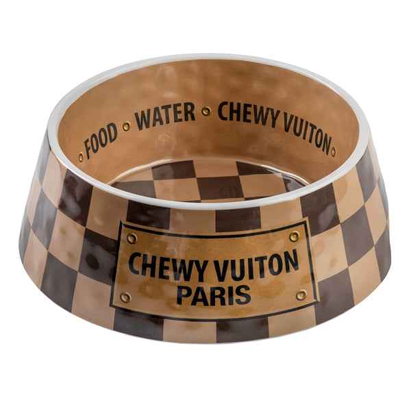 Haute Diggity Dog Tan Checker Chewy Vuiton Dog Bowl