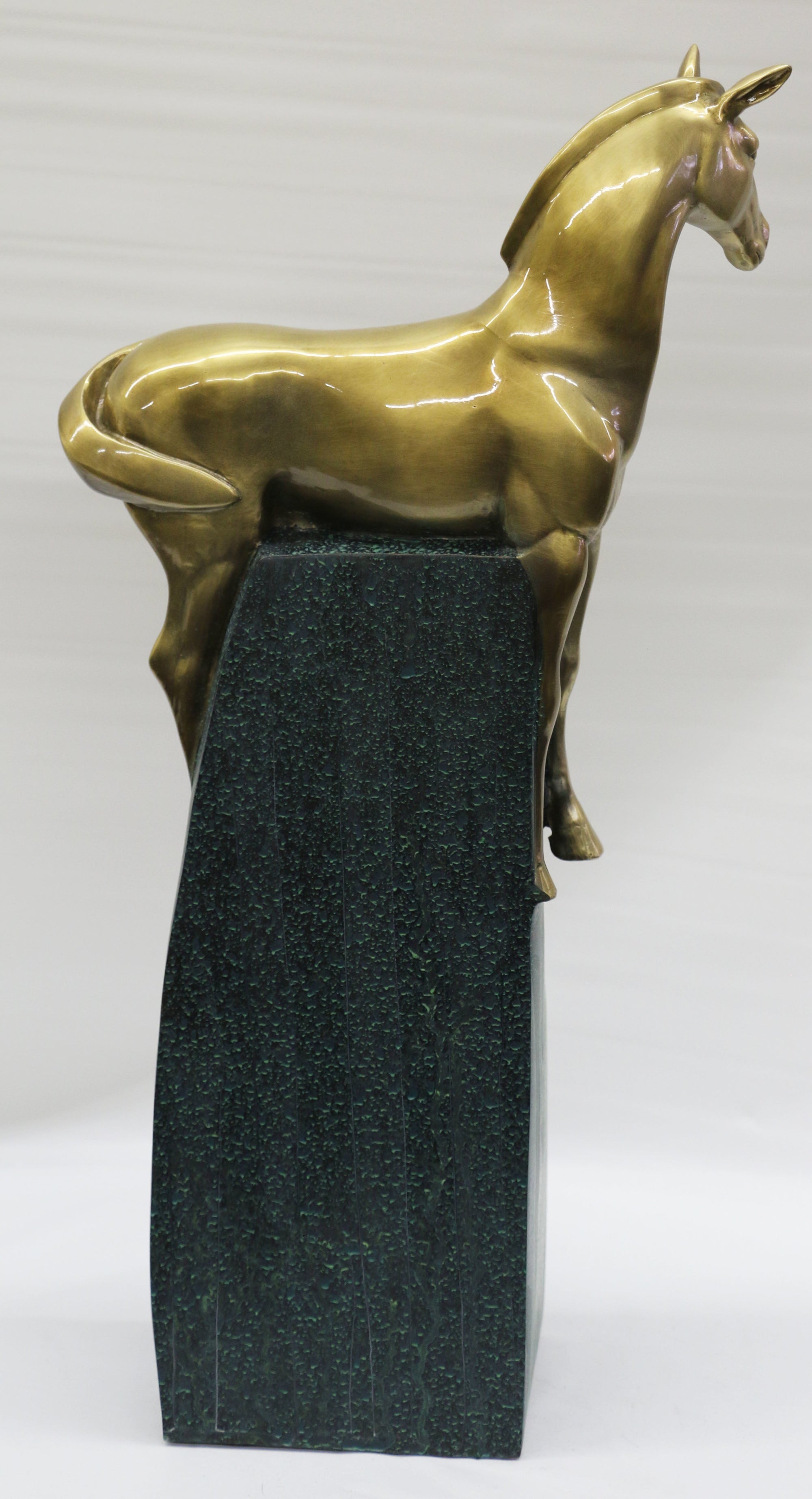 Large Extra Large Green and Gold Patina Stallion Horse Bronze Sculpture Figurine