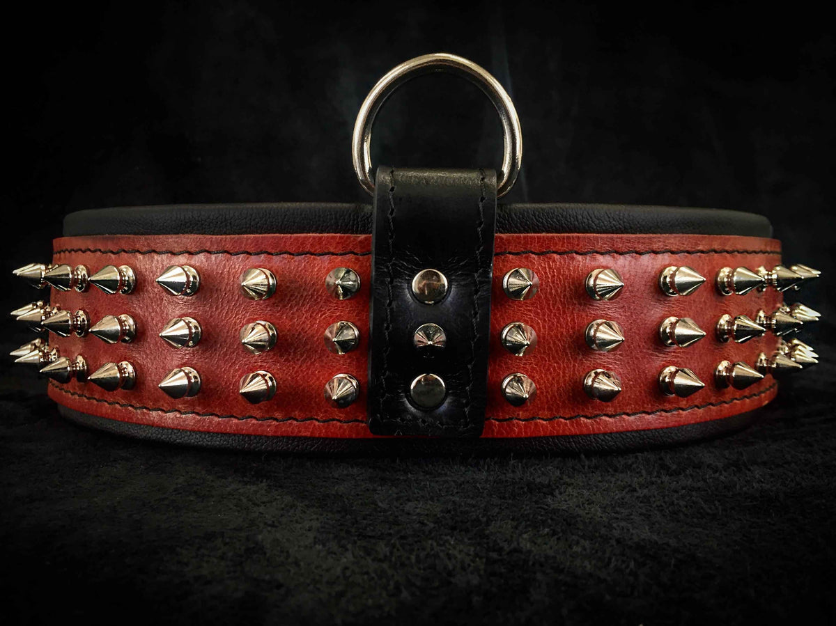 Bestia Silver Giant Red Leather Dog Collar