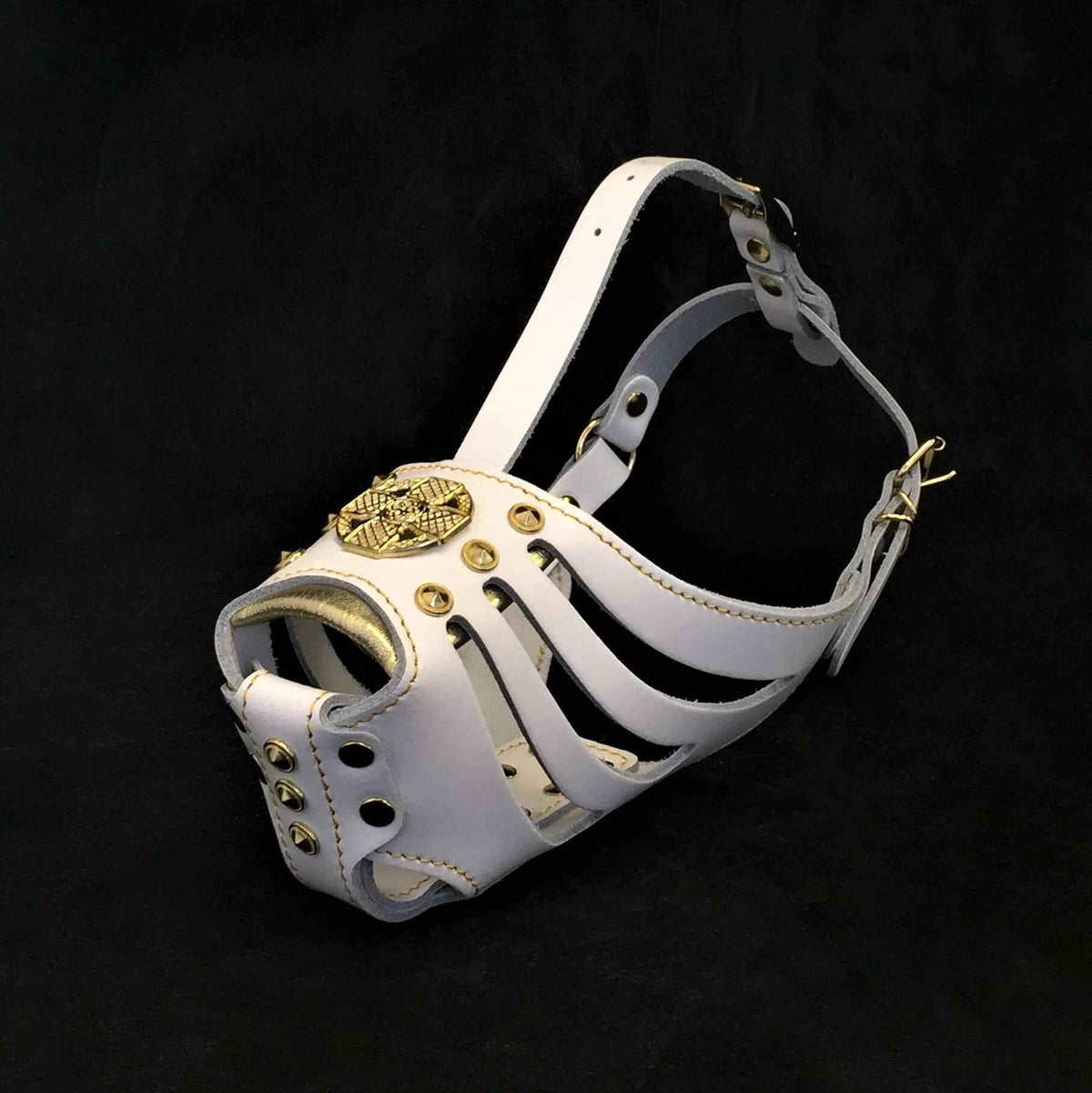 Bestia Maximus Basket White & Gold Leather Dog Muzzle