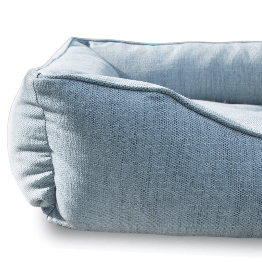 Sammy Dog Bed Cover in Mist Blue performance fabric, base close-up