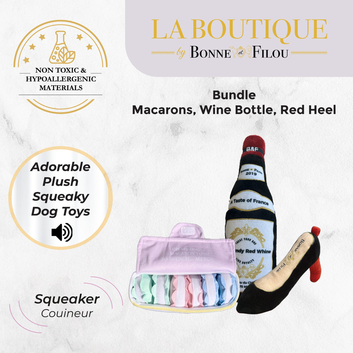 Bonne et Filou – Large French-Inspired Plush Squeaky Dog Toy Set
