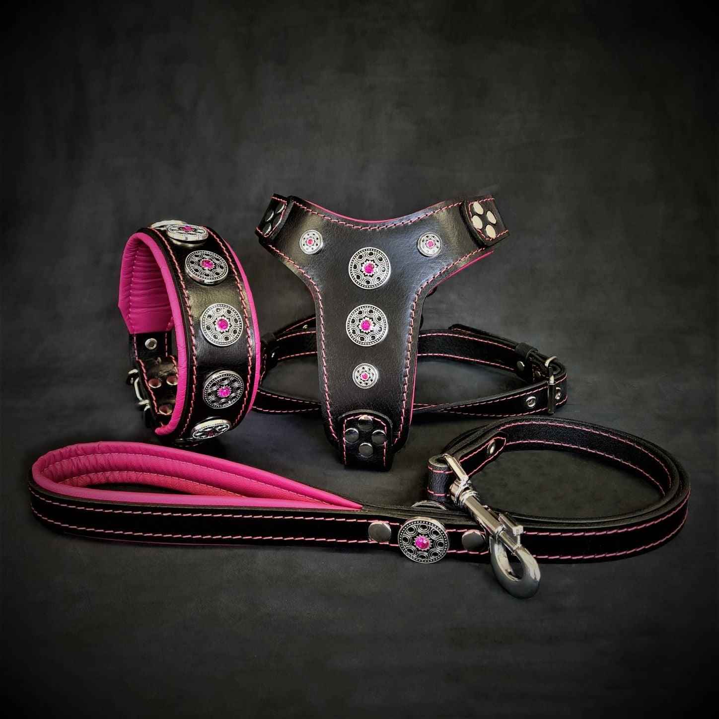 Bestia Bijou Pink Leather Dog Harness, Collar & Leash Set