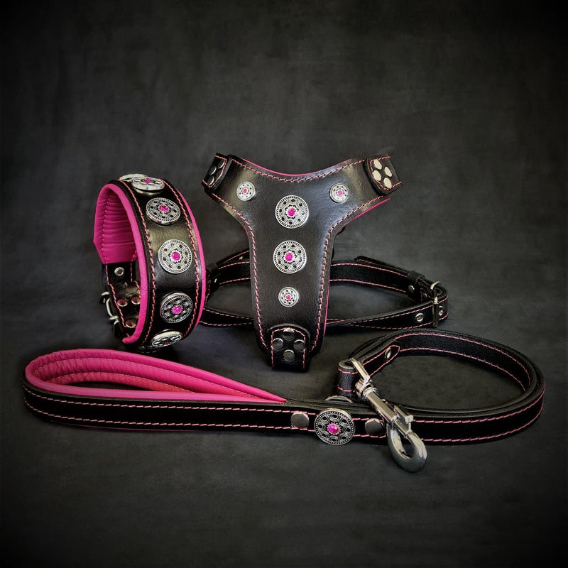 Bestia Dog Gear The Bijou SET - Collar, Harness, Leash. Pink Genuine Leather Pink pet supplies