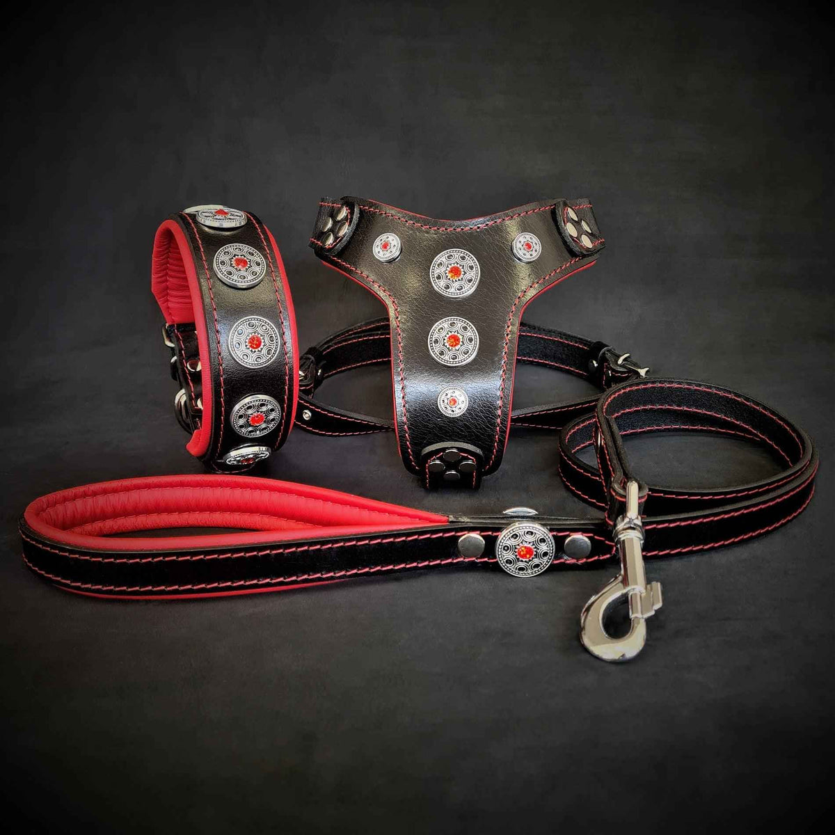 Bestia Bijou Red Leather Dog Harness, Collar & Leash Set