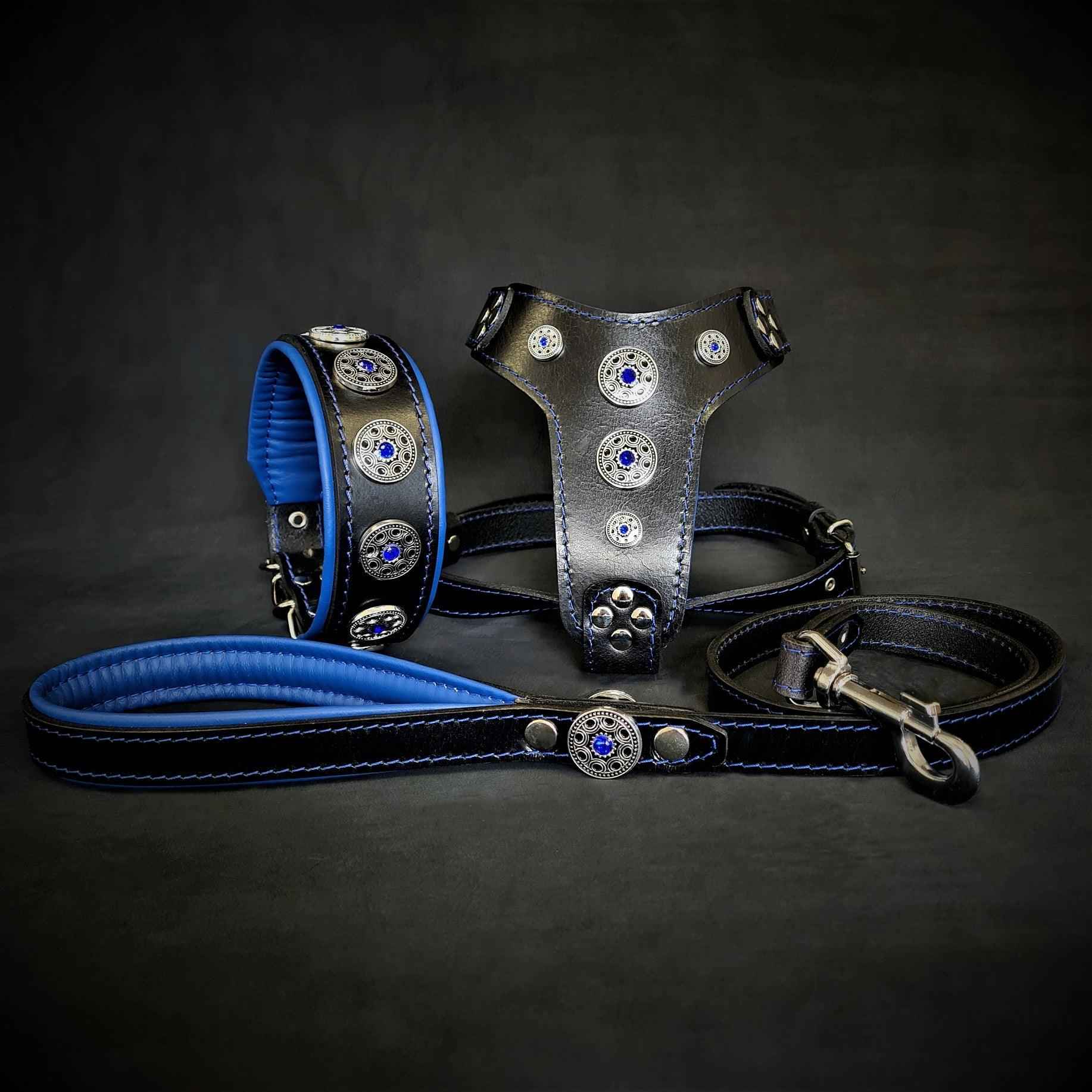 Bestia Bijou Blue Leather Dog Harness, Collar & Leash Set