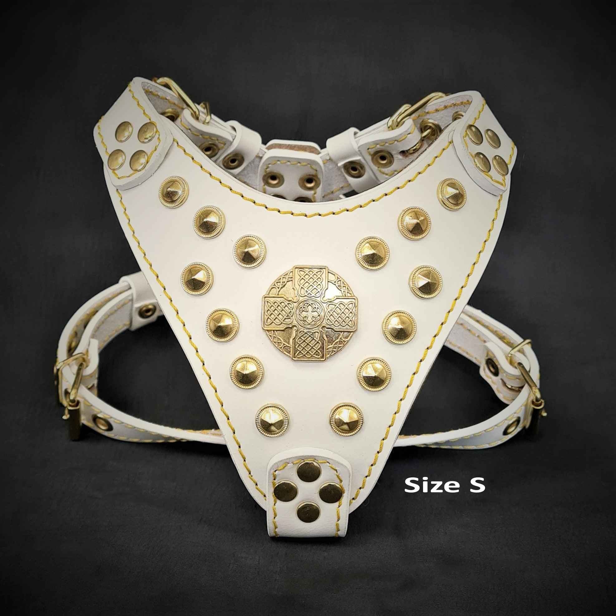 Bestia Maximus White & Gold Leather Small to Medium Dog Harness