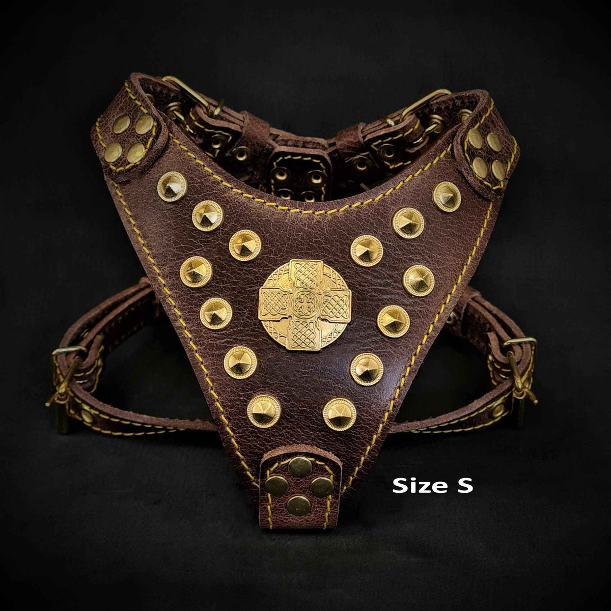 Bestia Maximus Brown & Gold Leather Small to Medium Dog Harness