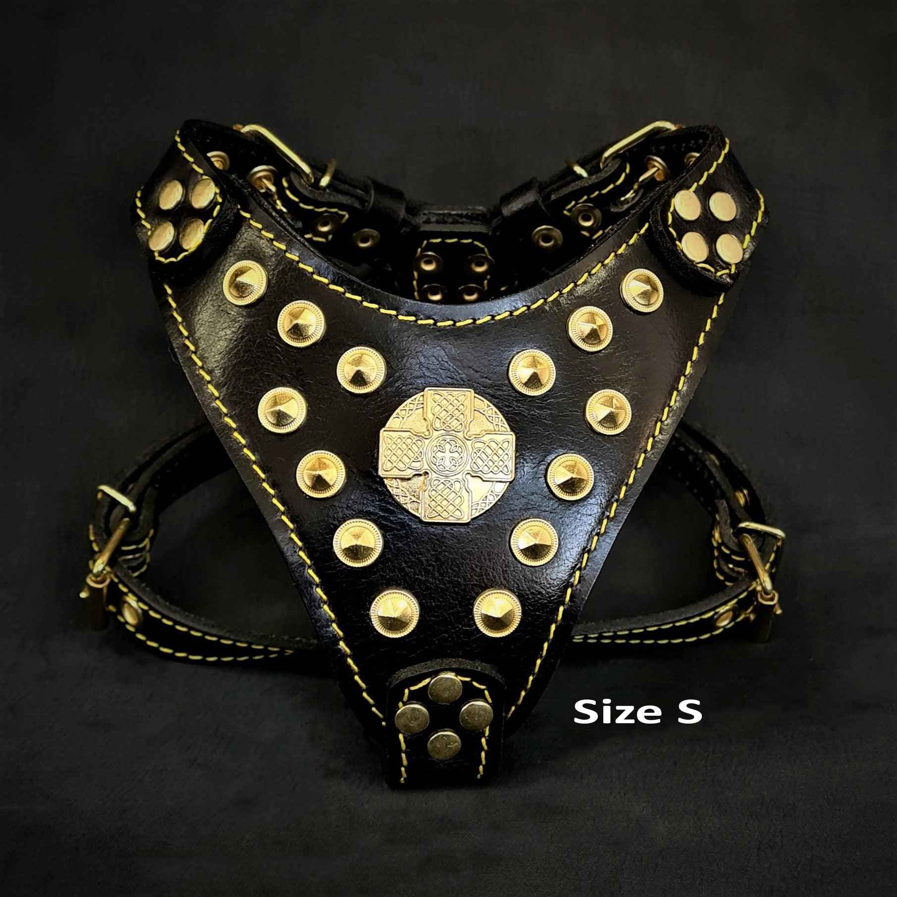 Bestia Maximus Black & Gold Leather Small to Medium Dog Harness