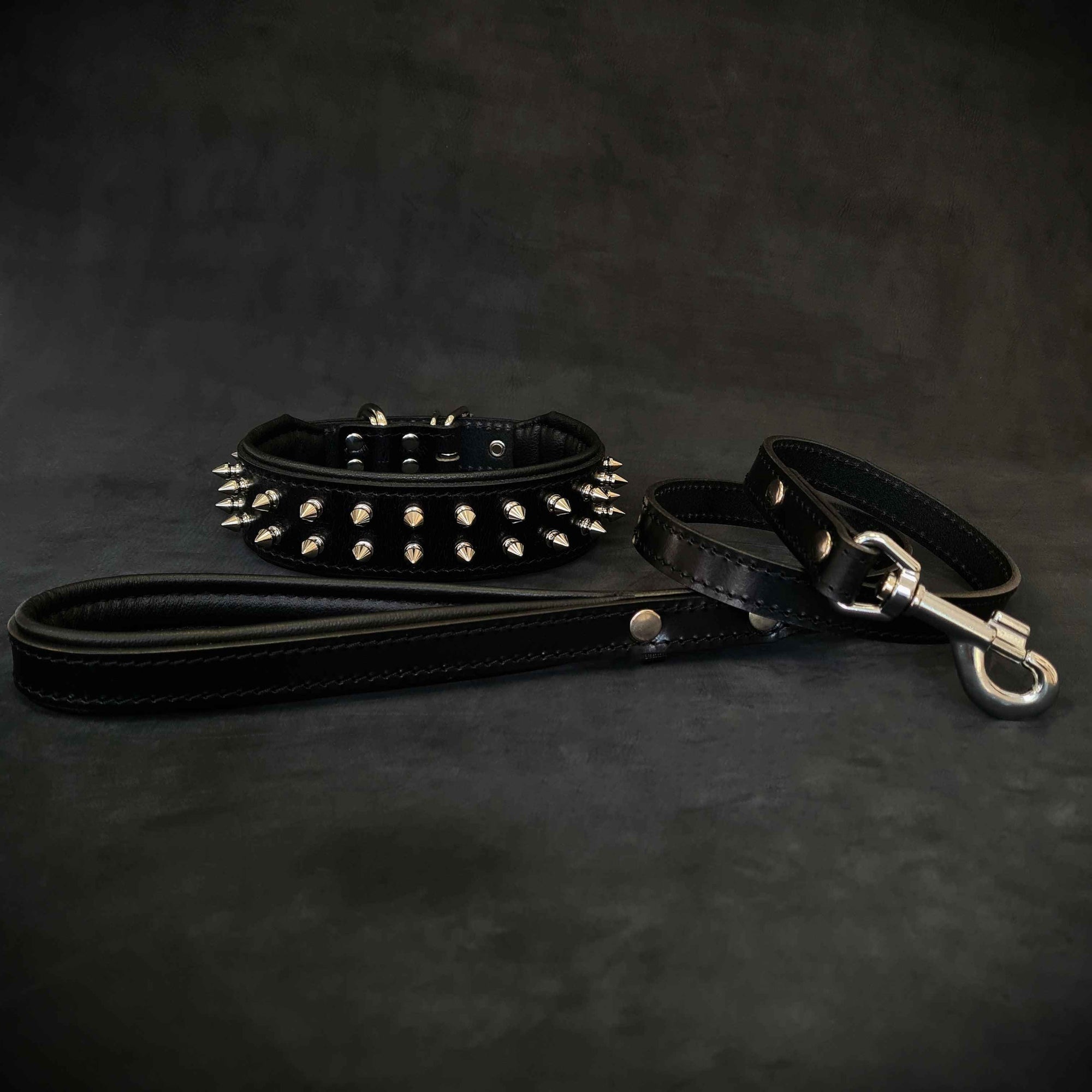Bestia Frenchie Black Leather Dog Collar & Leash Set