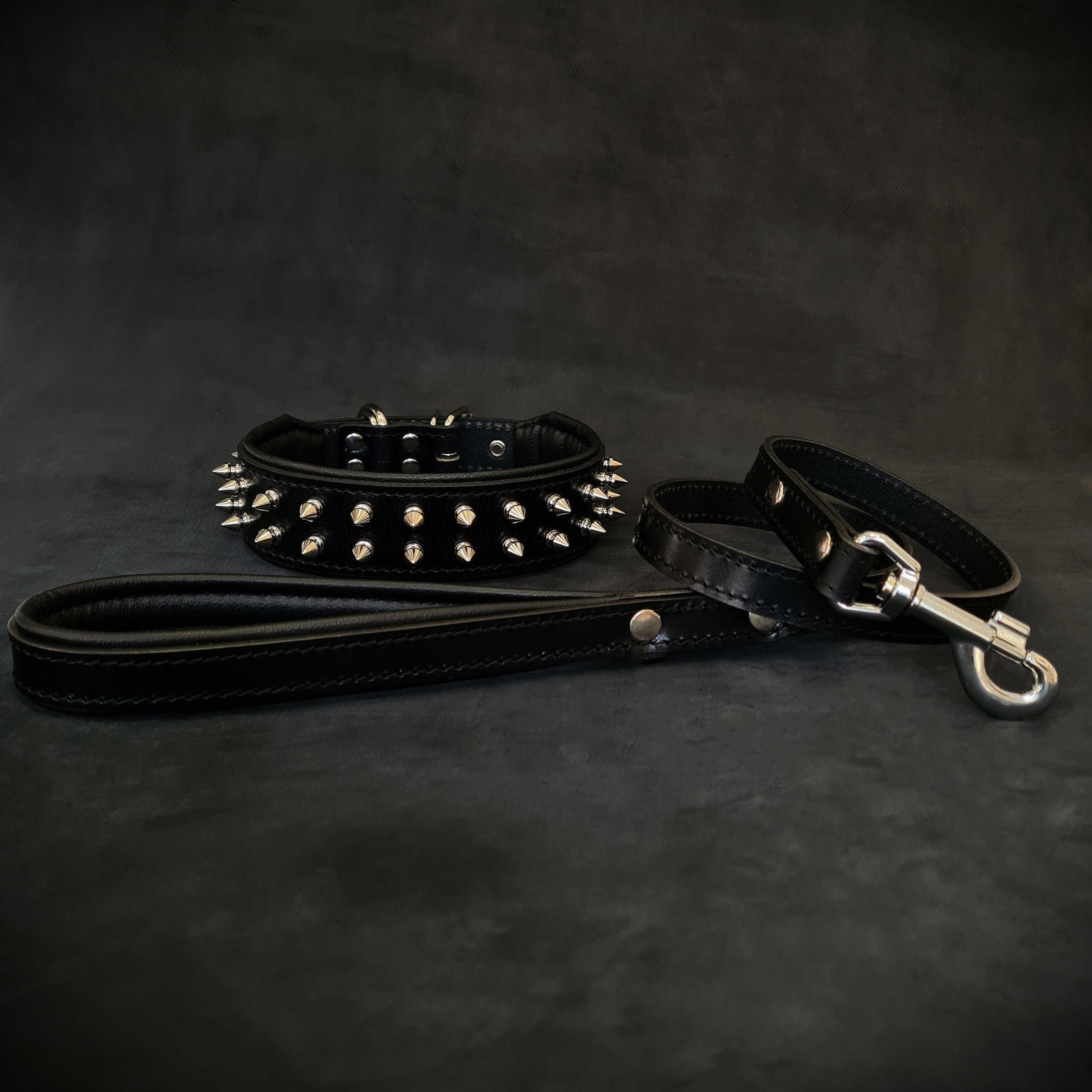 Bestia Dog Gear "Frenchie" Set- collar & leash. Black Genuine Leather Black pet supplies