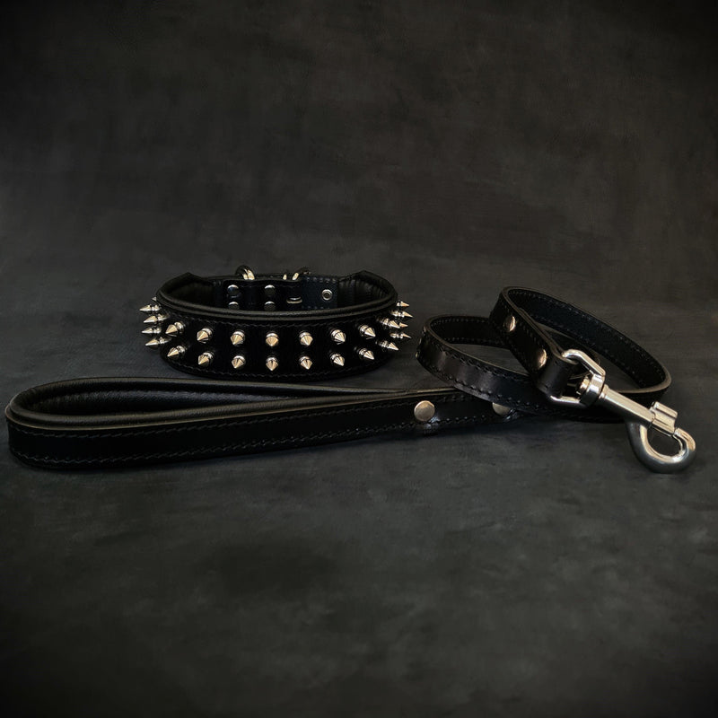 Bestia Dog Gear "Frenchie" Set- collar & leash. Black Genuine Leather Black pet supplies