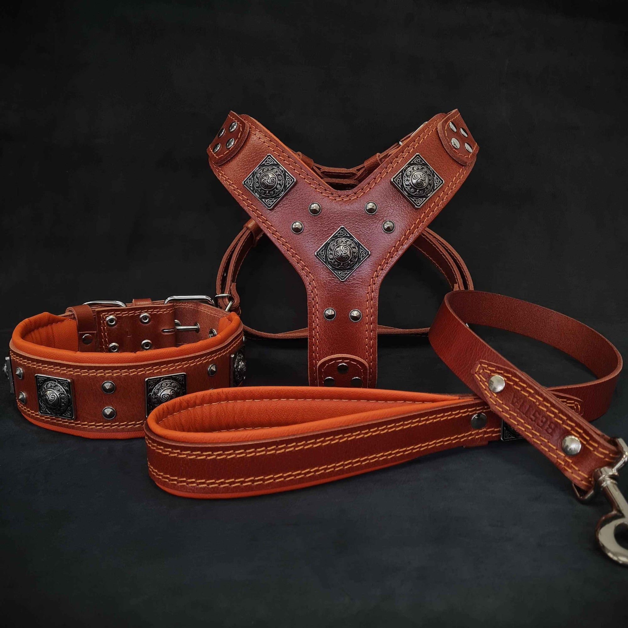 Bestia Eros Brown & Orange Leather Large Breed Dog Harness, Collar & Leash Set