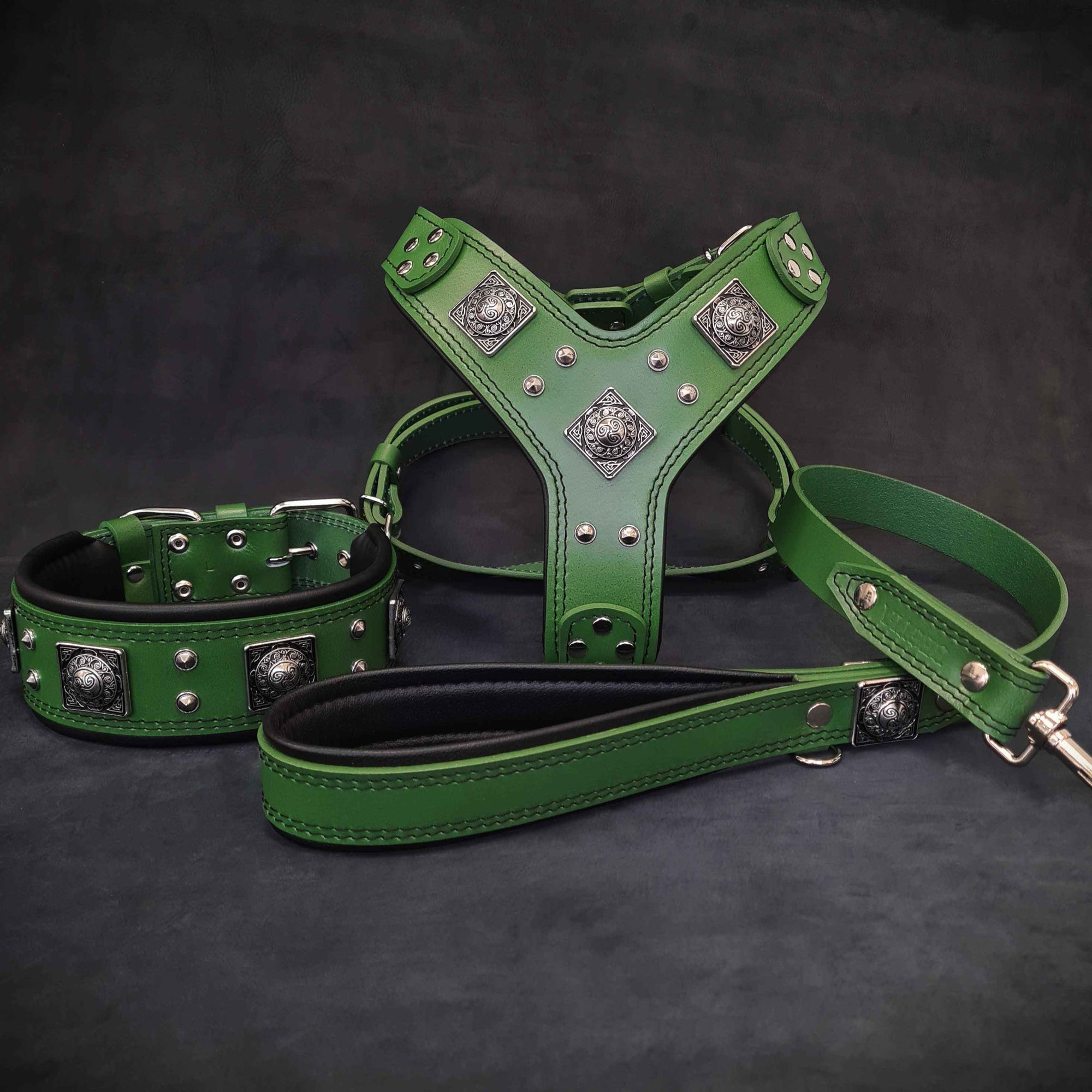 Bestia Eros Green Leather Large Breed Dog Harness, Collar & Leash Set