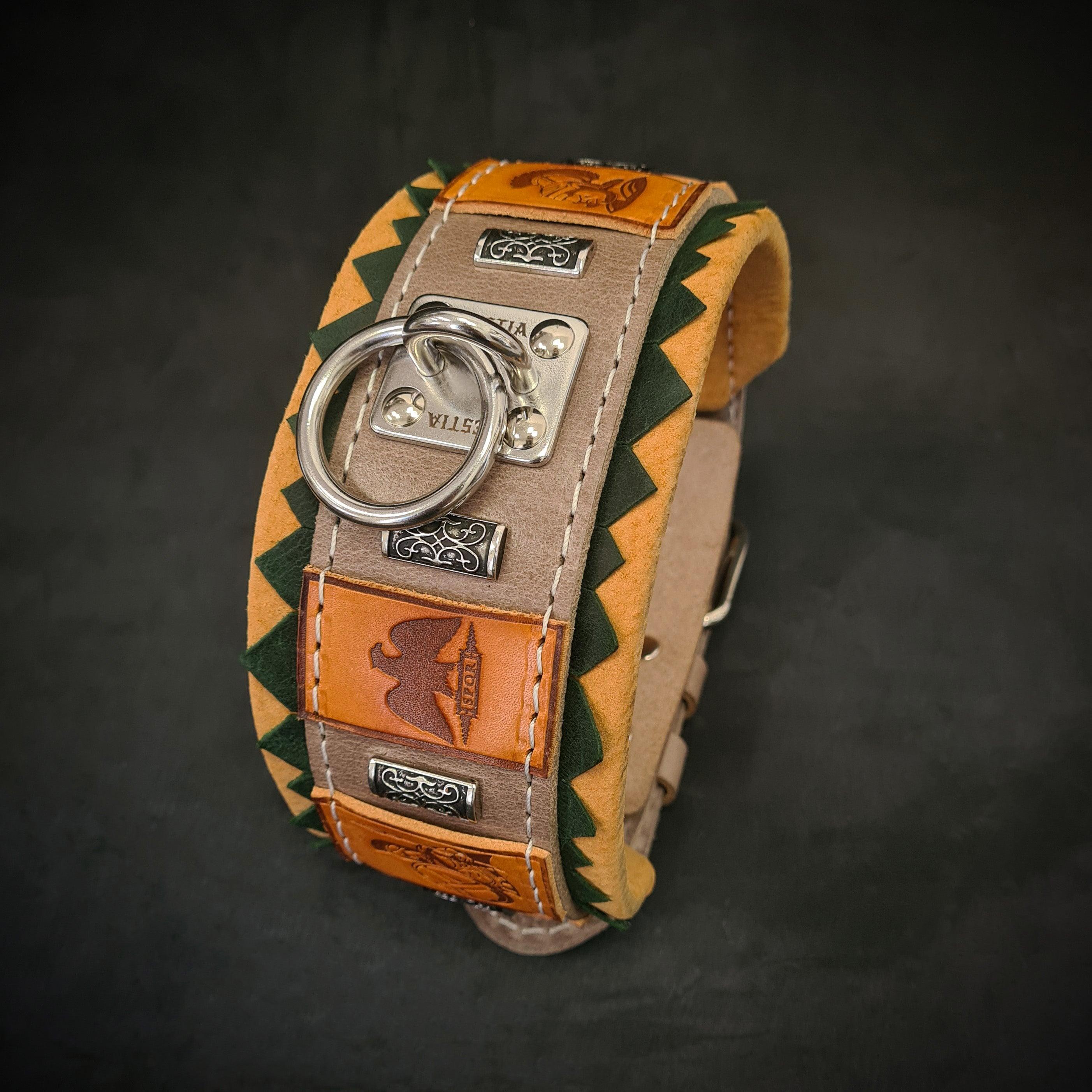 Bestia Dog Gear leather; metal Dog Collar - orange 