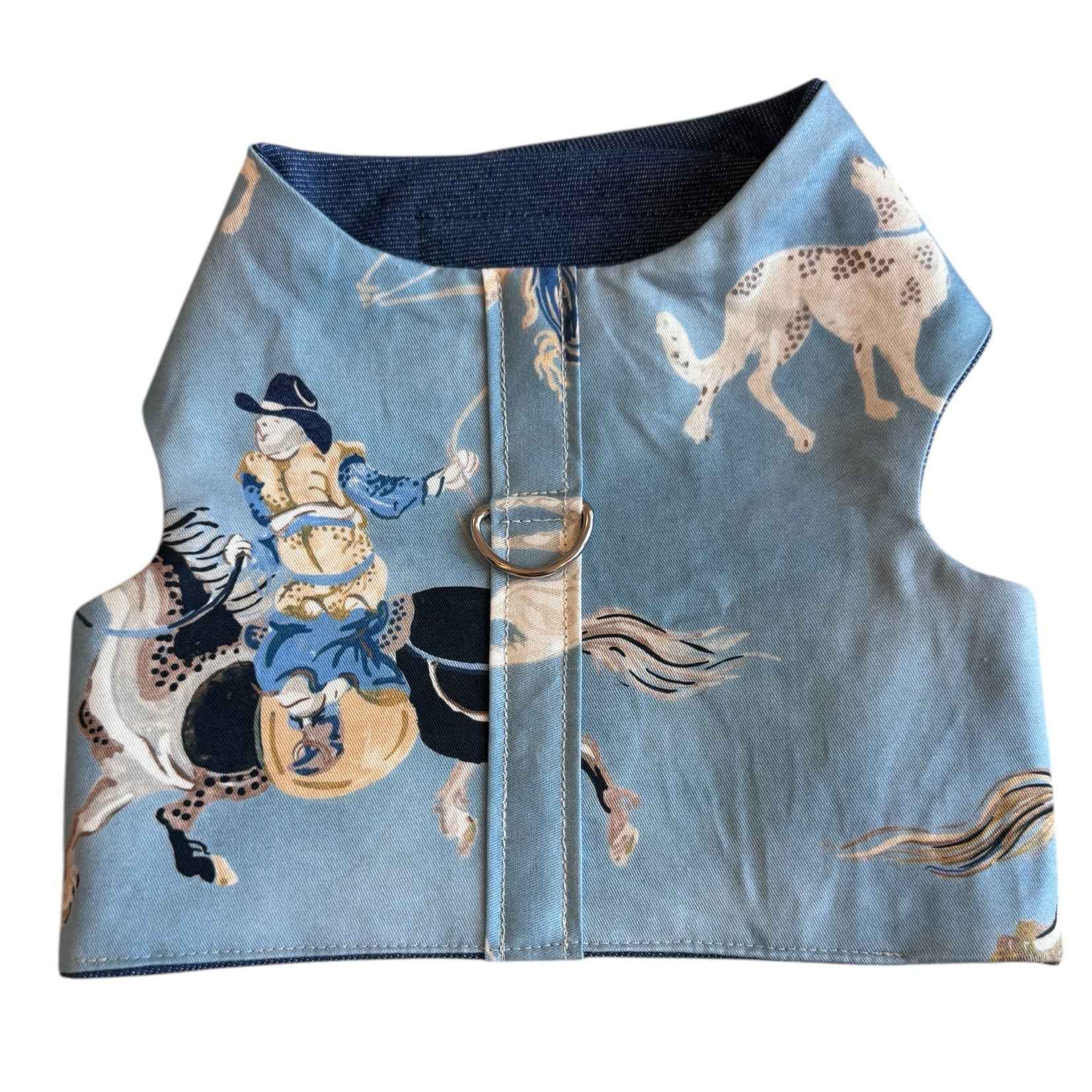 Heads or Tails Pup Horse Club Print Blue Denim Dog Harness