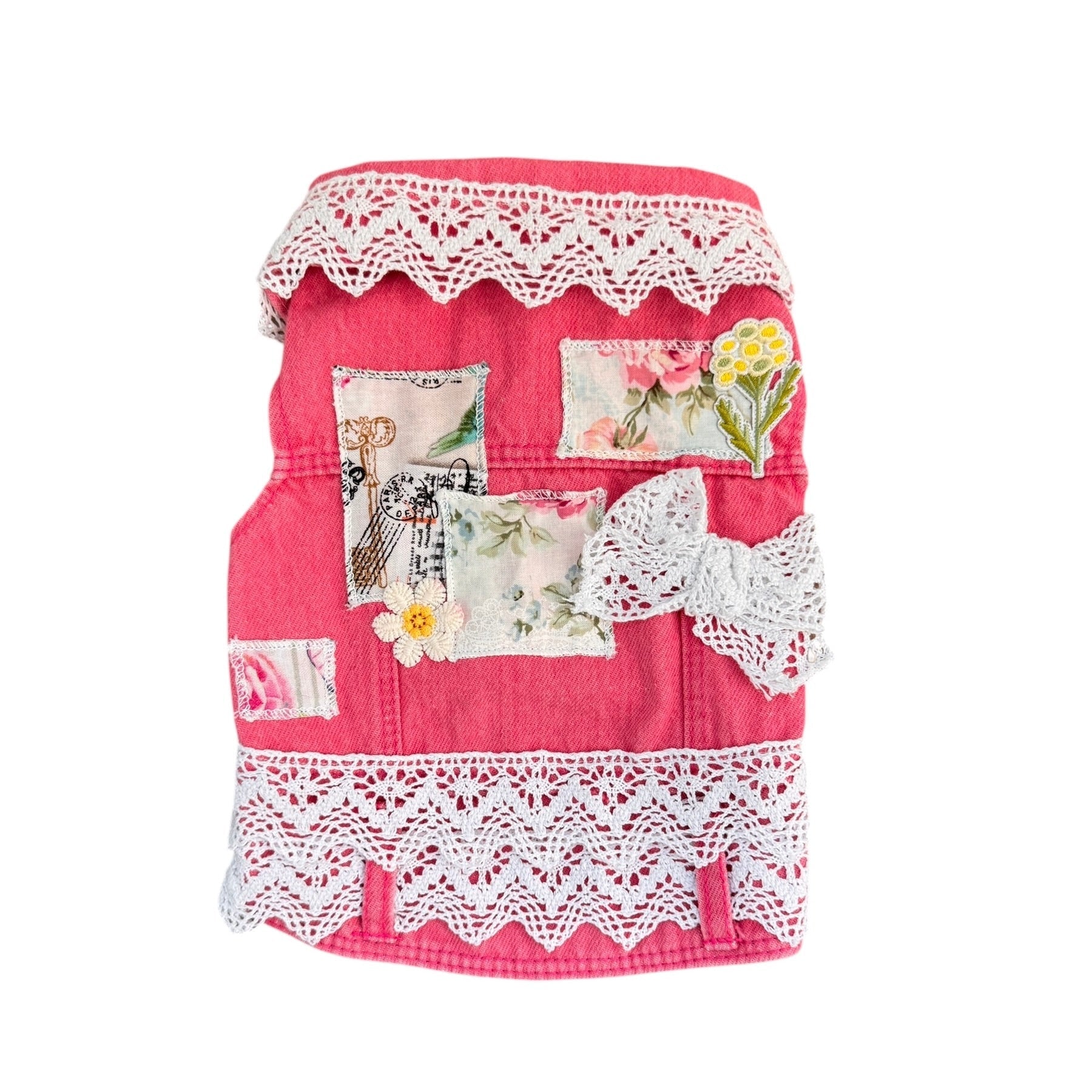Heads or Tails Pup Pink with Floral Patchwork Lace Trim Dog Vest